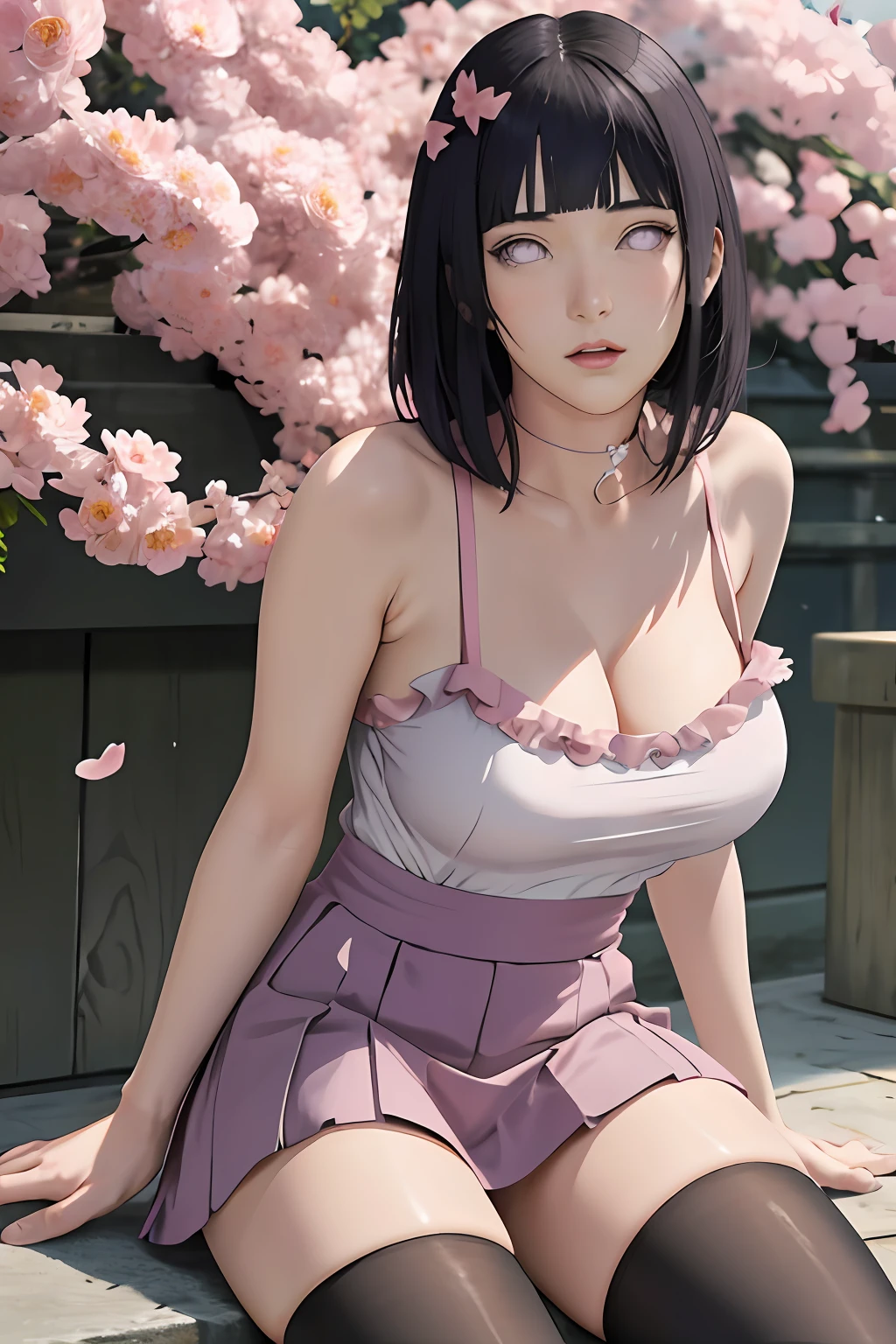 masterpiece, absurdres, hinata\(boruto\), 1girl, solo,mature female, spaghetti strap top, high waist short skirt, looking at viewer, (falling petals), perfect composition, detailed lips, big breast, beautiful face, body propotion, blush, (pink lips), long hair,  purple eyes,  soft gaze,  super realistic, detailed, photoshoot, realistic face and body, thighhighs