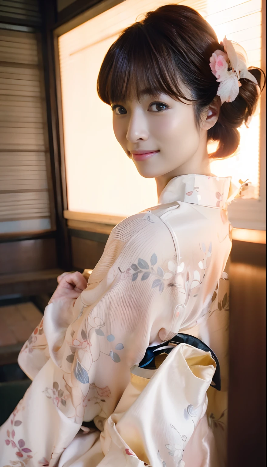 Left and right symmetrical eyes、Eyes with good balance between left and right、((top-quality、32K、​masterpiece:1.3、foco nítido:1.3))、1girl in、Pretty Japan Girl、with round face、a baby face、Young Face、A dark-haired、Black eyes、Detailed eyes and iris、Highly detailed facial and skin texture、hairstyle on((Japan hair、Edo period hairstyles))、Beautiful Japan kimono、Background with((in the edo era、Japan Bridge、Edo Castle))、Girl's body type(Sensual body lines:1.4、Feminine body line、Colossal tits)