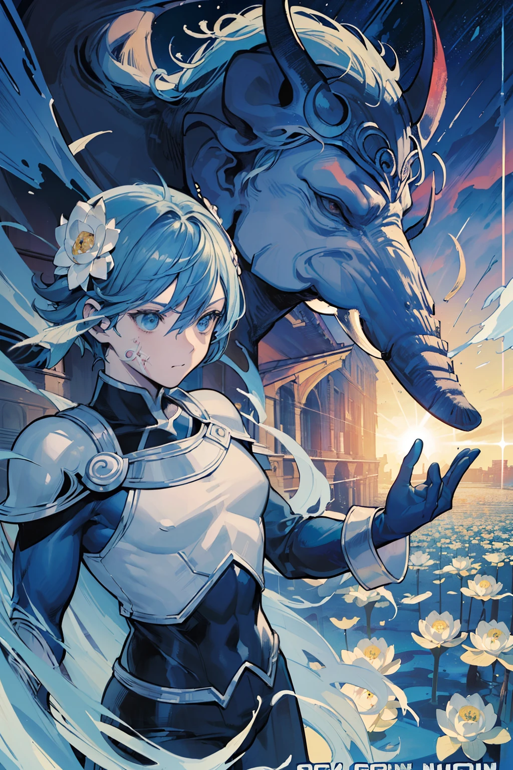 (((top-quality)))、(((ultra-detailliert)))、(((masterpiece)))、(((comics)))、Superhero、action、Dynamic、Pow、Strong hit、O Reigner, O mask of flesh and blood, all elephants, feathers, and bearers of human names, Carving double lotuses on the wall of blue fire Waiting for the abyss of great fire in the distant heavens