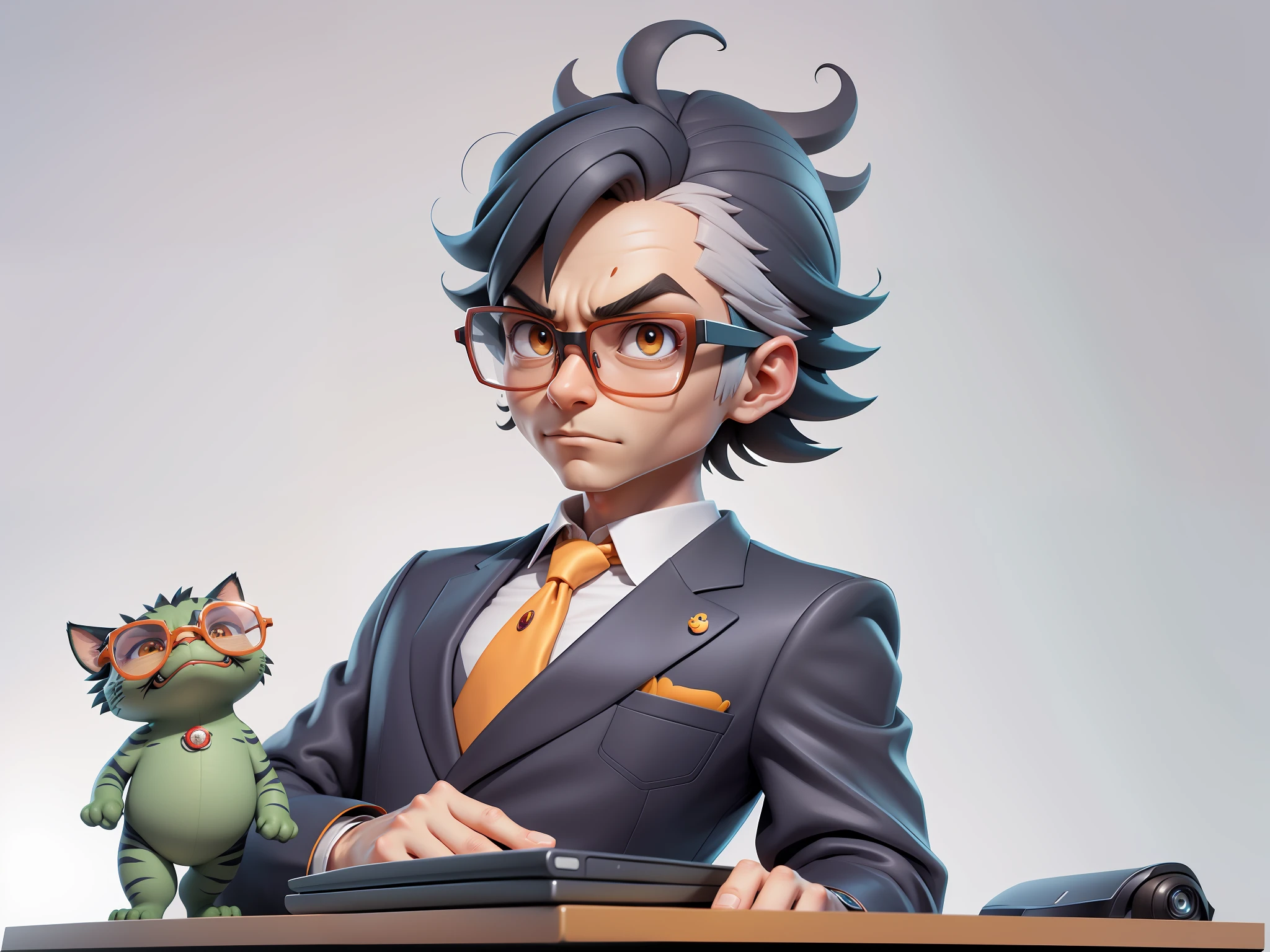 A young man in a suit, Short hair and glasses sat at his desk,holding laptop,digitial painting,tigre,3D character design by Mark Clairen and Pixar and Hayao Miyazaki and Akira Toriyama,4K HD illustration,Very detailed facial features and cartoon-style visuals。