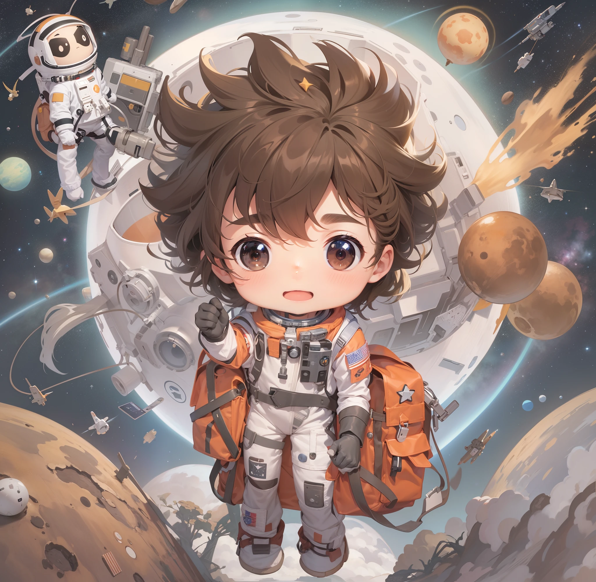 backpack boy, male child, brown messy hair, astronaut outfit, brown planet, friendly aliens gray with white, humanoid shape, in the sky only space and rocket star parked in the background, anime