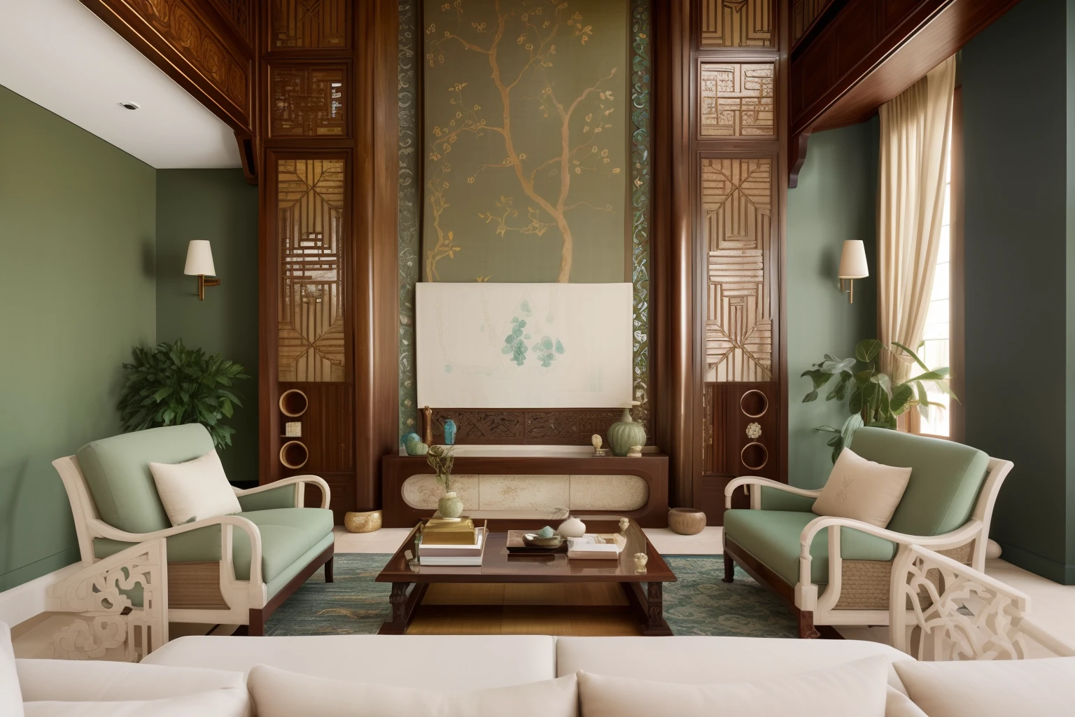 Contrasting, prominent, and impressive colors, Masterpiece, high quality, best quality, authentic, super detail, interior, Morning ambiance in the apartment, filled with abundant natural sunlight, In the multi-tiered living room of this grand villa, the Indochine interior style weaves a captivating tapestry of colors that evoke the essence of Southeast Asian elegance and colonial charm. Let's delve into the intricate details of the color palette that adorns the furniture and decor, creating a harmonious and inviting atmosphere.

The predominant color scheme draws inspiration from the natural beauty of the Indochinese landscape, with a focus on rich, earthy tones. The walls are bathed in warm, muted hues such as deep browns and soft creams. These colors create a soothing backdrop that allows the other design elements to shine.

The seating arrangements exude opulence with upholstery in jewel tones that take cues from precious gemstones. Deep ruby reds, sapphire blues, and emerald greens grace the plush sofas and armchairs, adding a touch of regal elegance to the room. These vibrant colors are often complemented by intricate patterns or delicate embroidery, adding depth and visual interest to the furniture.

Intricately carved wooden furniture pieces, such as coffee tables and side tables, feature a dark, polished wood that contrasts beautifully with the rich upholstery. The wooden surfaces may also showcase mother-of-pearl inlays, creating a stunning interplay of textures and sheens that embody the essence of Indochine design.

The rugs that grace the floor are a true embodiment of the Indochine color palette. Woven with precision, they often feature patterns and motifs that echo traditional textiles. The colors of these rugs are an exquisite fusion of warm browns, deep reds, and subtle greens, adding both comfort and artistic flair to the flooring.

Ceiling fans and pendant lights continue the color story, with wooden blades and lattice patterns painted in shades th