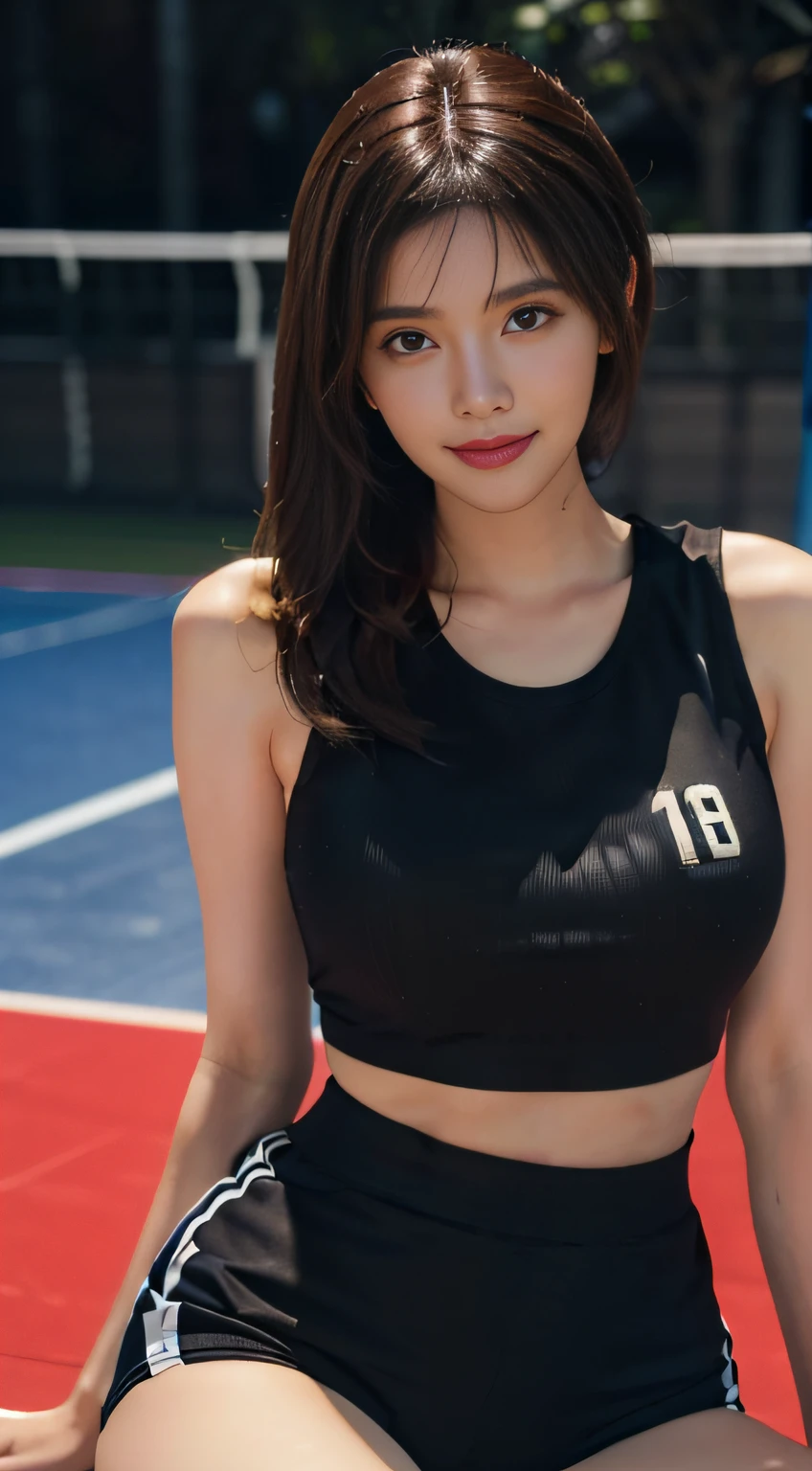 ((Top Quality, 8K, masterpiece : 1.3))), foco nítido : 1.2 、 (Layer Cut, larger : 1.2),a beautiful woman with perfect figure : 1.4, Slim Abs : 1.2, wetty body : 1.5, Highly detailed facial and skin texture, Detailed Eyes, Double eyelidd, long hair, volleyball uniform, Volleyball court background, Big breasts, thick-thighs, ponytale, Clear eyes, Black eyes, Clear eyes, Beautiful Legs, (18-year-old Asian female), (KPOP IDOL, Korean celebrities), seductive smile smugly, Hanyan skin color, realistic skin, Flowing sweat, Underarms, sleeveless, Tank Top, hot pants