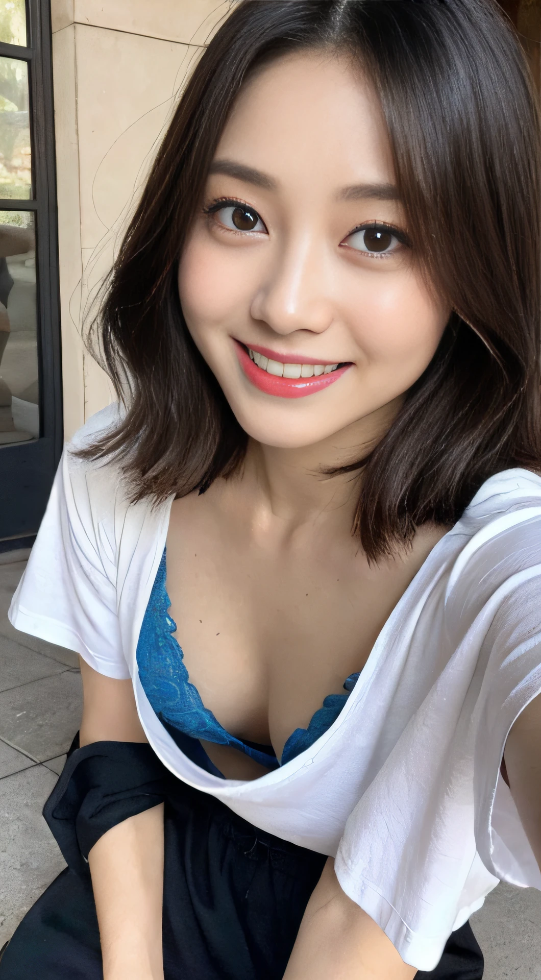 downblouse、(leaning-forward:1.3)、(oversize tshirt、Loose-fitting t-shirt、Low Cut T-Shirt:1.2)、(top-quality、8K、32K、masterpiece)、(Detailed bra)、japanes、22 year old、Very pretty girl、a beauty girl、crouching down、Bright smile、outside of house、shinny skin、blurry backround、short-cut、Upper body close-up、Shot from above