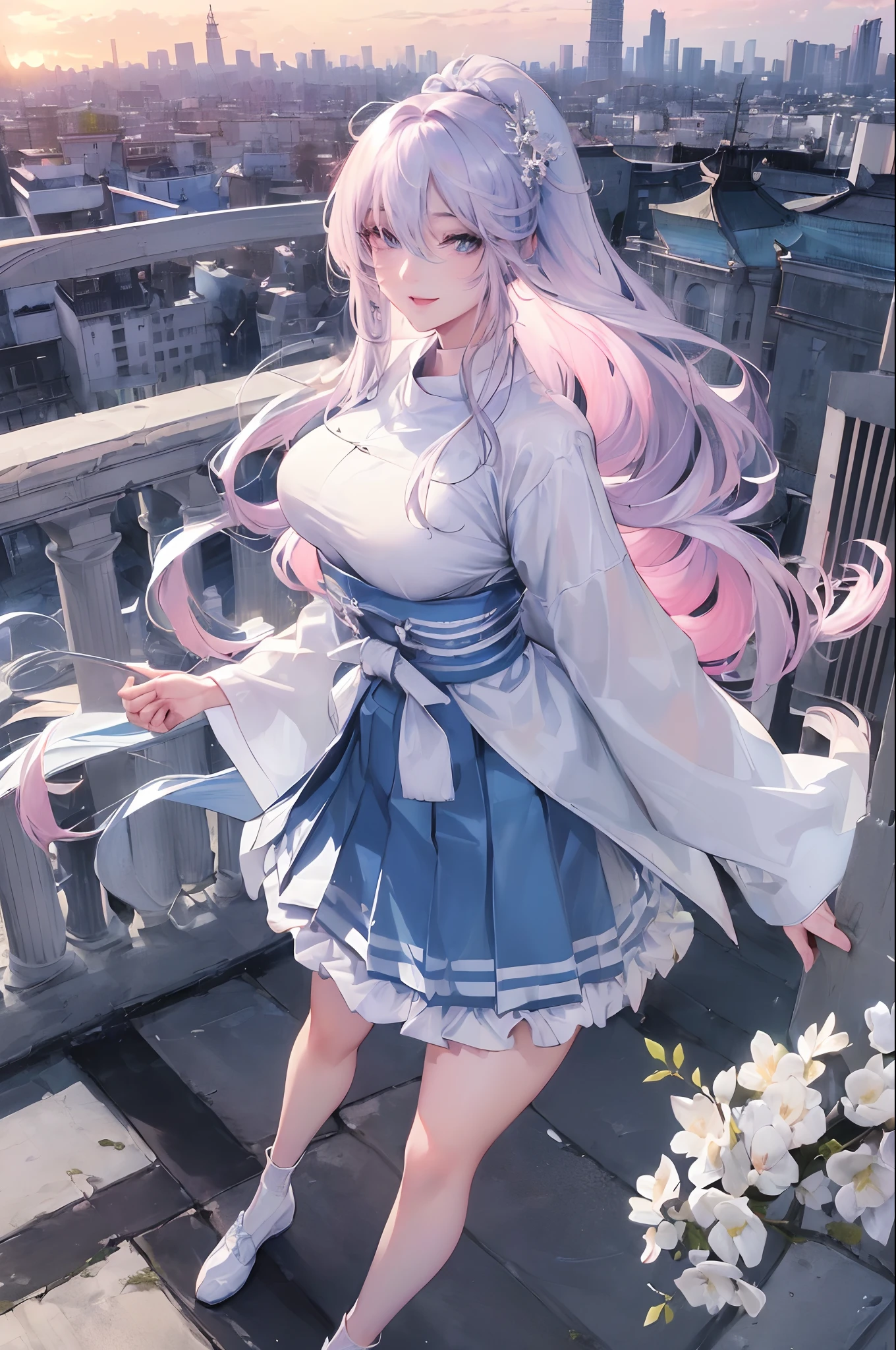 official art, masterpiece, sharp focus, (beautiful gorgeous cute Korean woman:1.3), (beautiful cute korean:1.3), korean beauty, Delicate and beautiful hair and eyes and face, realistic, ultra detailed, beautiful girl, blue sky, glow white particle, (sidelighting:1.2), sun light, white cloud, detailed clouds, slender, Lovely very large breasts and very large hips, smile with teeth, ((smile with eyes, open both eyes)), scenery, long straight hair, sexy facial expression, building, (cityscape:1.7), dynamic hair, long straight hair, detailed platinum pink hair, glow blue eyes, (blue pleated shirts + white skirt), white long socks, pale skin, hair ornament, epic scenery,