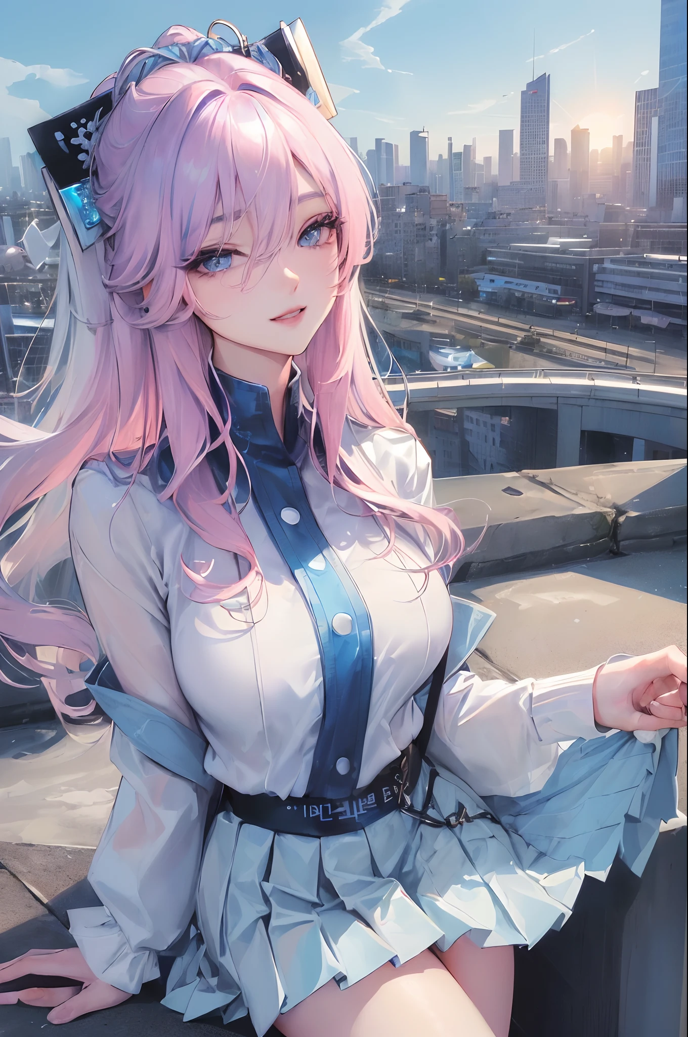 official art, masterpiece, sharp focus, (beautiful gorgeous cute Korean woman:1.3), (beautiful cute korean:1.3), korean beauty, Delicate and beautiful hair and eyes and face, realistic, ultra detailed, beautiful girl, blue sky, glow white particle, (sidelighting:1.2), sun light, white cloud, detailed clouds, slender, Lovely very large breasts and very large hips, smile with teeth, ((smile with eyes, open both eyes)), scenery, long straight hair, sexy facial expression, building, (cityscape:1.7), dynamic hair, long straight hair, detailed platinum pink hair, glow blue eyes, (blue pleated shirts + white skirt), white long socks, pale skin, hair ornament, epic scenery,