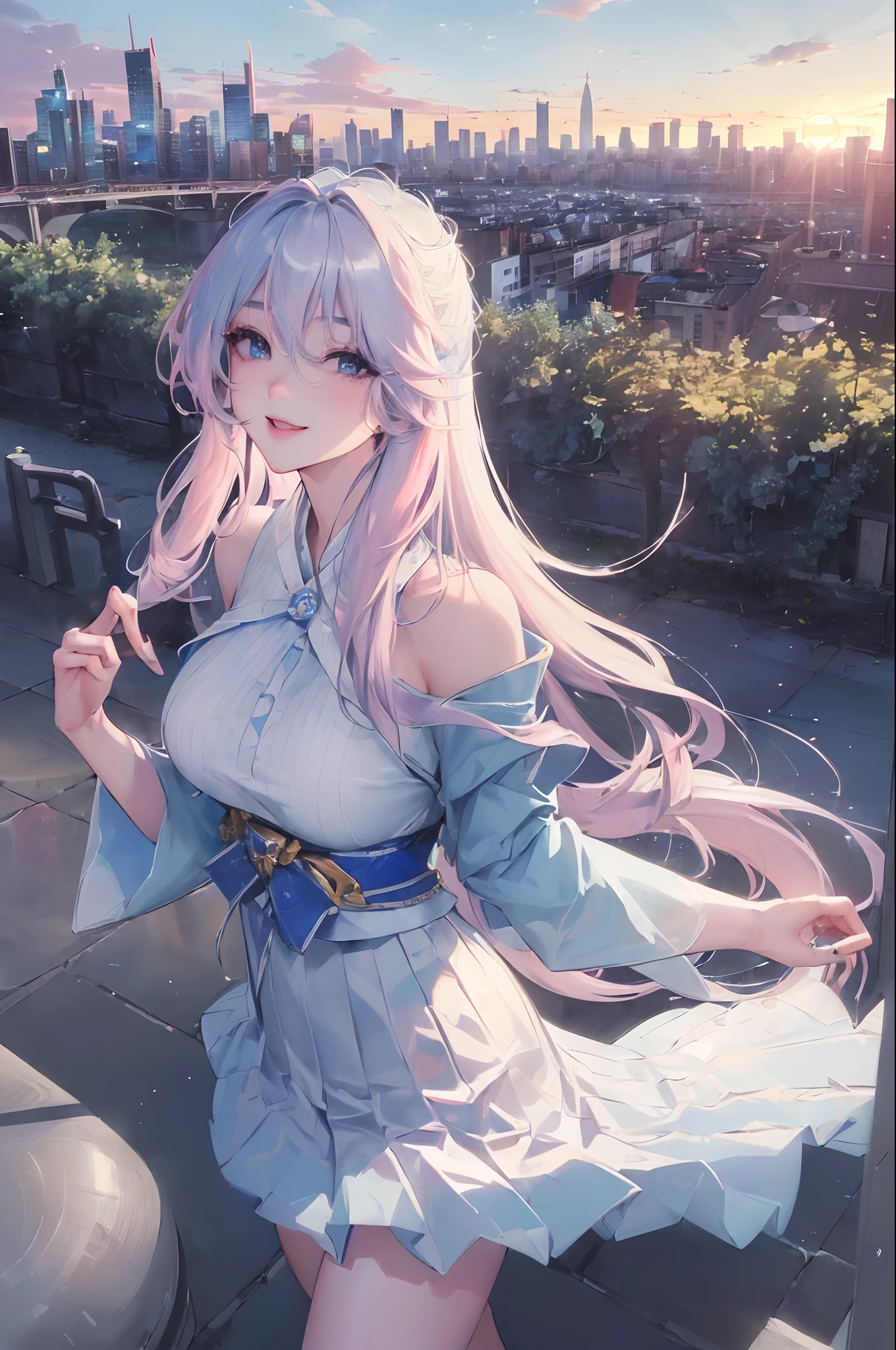 official art, masterpiece, sharp focus, (beautiful gorgeous cute Korean woman:1.3), (beautiful cute korean:1.3), korean beauty, Delicate and beautiful hair and eyes and face, realistic, ultra detailed, beautiful girl, blue sky, glow white particle, (sidelighting:1.2), sun light, white cloud, detailed clouds, slender, Lovely very large breasts and very large hips, smile with teeth, ((smile with eyes, open both eyes)), scenery, long straight hair, sexy facial expression, building, (cityscape:1.7), dynamic hair, long straight hair, detailed platinum pink hair, glow blue eyes, (blue pleated shirts + white skirt), white long socks, pale skin, hair ornament, epic scenery,