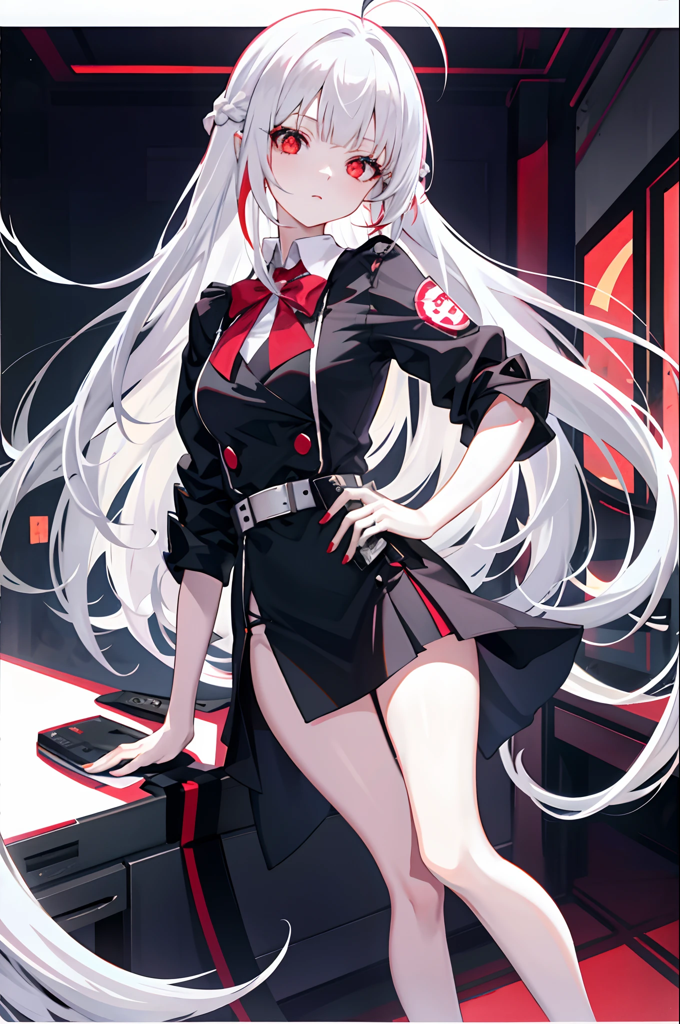 1girl,bishoujo,stare,red eyes,beautiful detailed eyes,long hair,white hair,silver_hair,Wing-like bangs,Dull hair,Issuing,ahoge,Hair rings,braid, cold ,Polaroid black-toned low-profile film,tmasterpiece,best qualityer,office lady,high-heels,fundo vermelho,