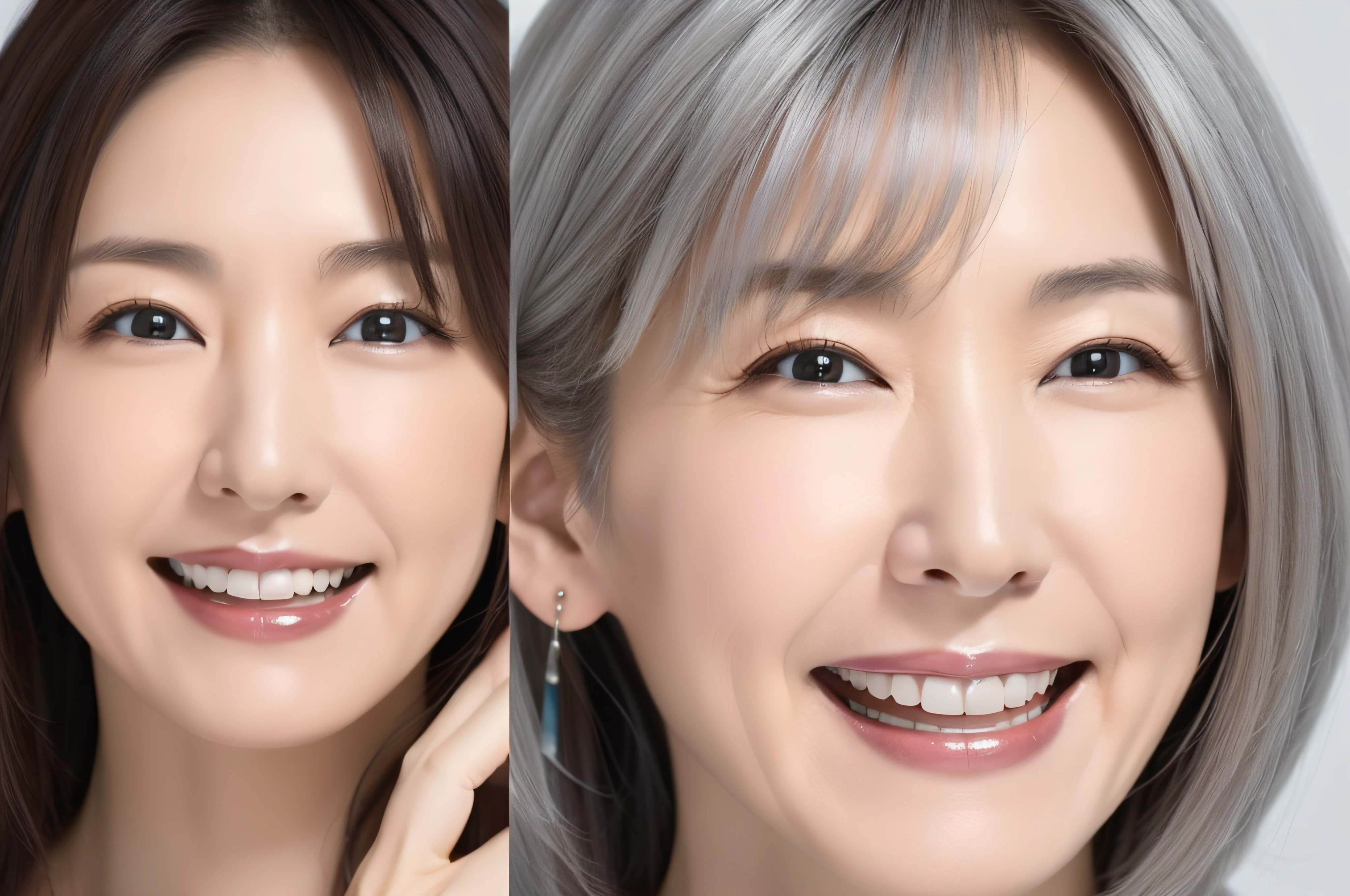 A Japanese Lady。Beautiful gorgeous middle aged elderly model woman in her 60s with gray hair laughing and smiling。Close up portrait of mature old woman。The beauty of healthy facial skin care, Skin Care Cosmetics。White background。dental。