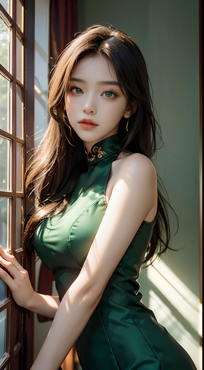 best qualtiy,tmasterpiece,超高分辨率(realness:1.1)。one-girl,She has emerald green eyes,Bare shoulders。High neck silk dress,The movie version of the warm light illuminates the bright room,modernn architecture,As well as beautiful backgrounds