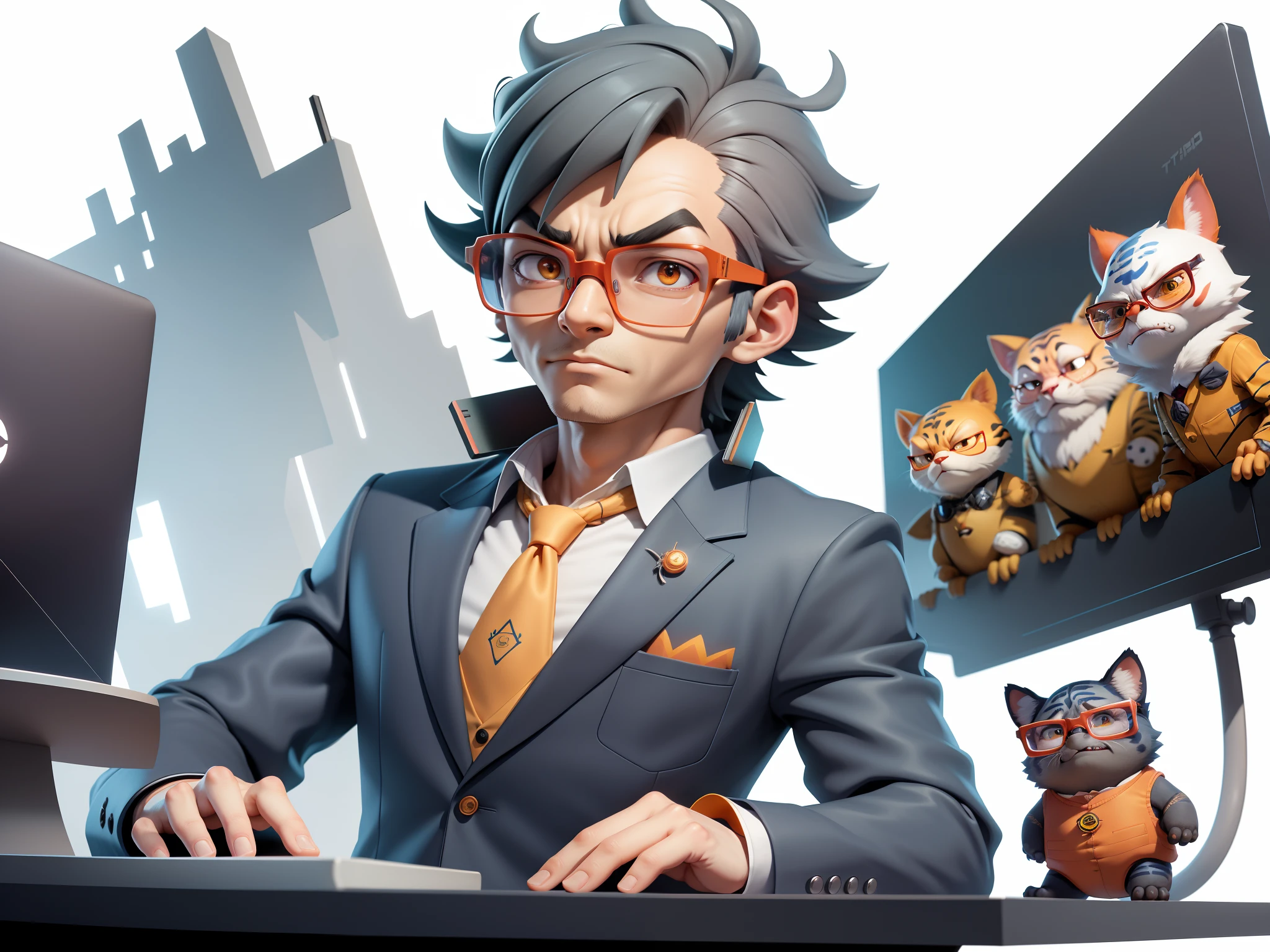 A young man in a suit, Short hair and glasses sat at his desk,holding laptop,digitial painting,tigre,3D character design by Mark Clairen and Pixar and Hayao Miyazaki and Akira Toriyama,4K HD illustration,Very detailed facial features and cartoon-style visuals。