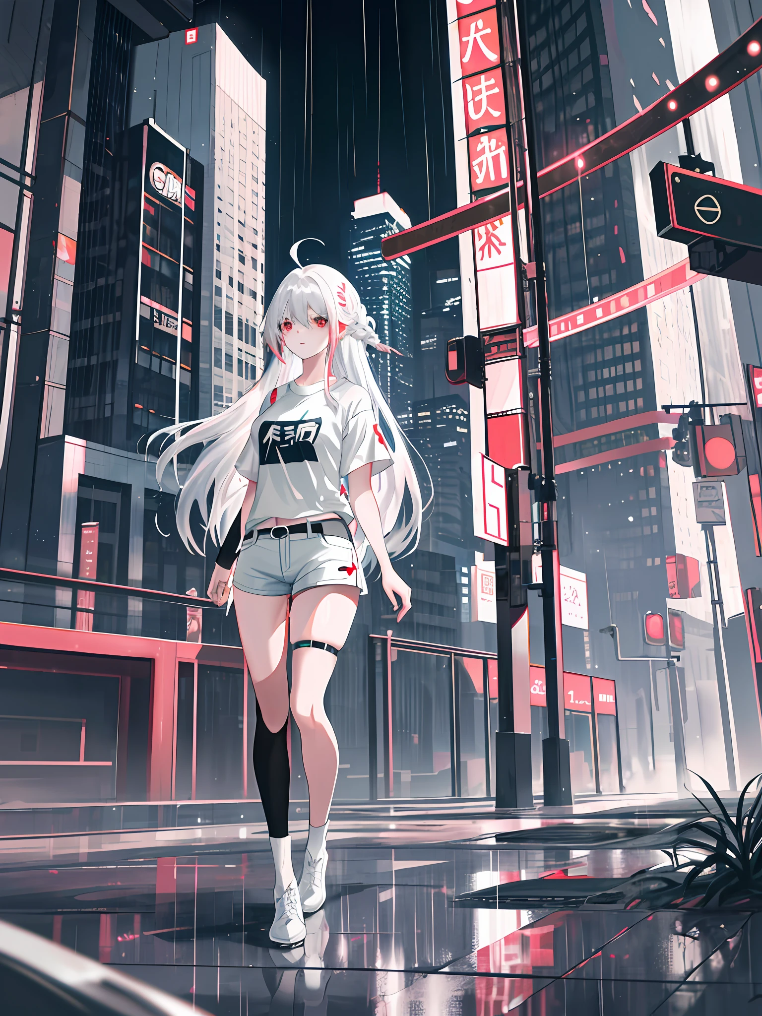 1girl,bishoujo,stare,red eyes,beautiful detailed eyes,long hair,white hair,silver_hair,Wing-like bangs,Dull hair,Issuing,ahoge,Hair rings,braid, cold,Detailed seductive eyes thigh gap long sexy legs wearing small shorts T-shirt in beautiful futuristic cyberpunk+ City, Mist, Wet, rained, Best quality masterpiece, Photorealistic, Detailed, 8K, hdr, Shallow depth of field, nguanglf, High contrast, back lit lighting, full bloom, glittery, color difference, Sharp focus, RAW color photo