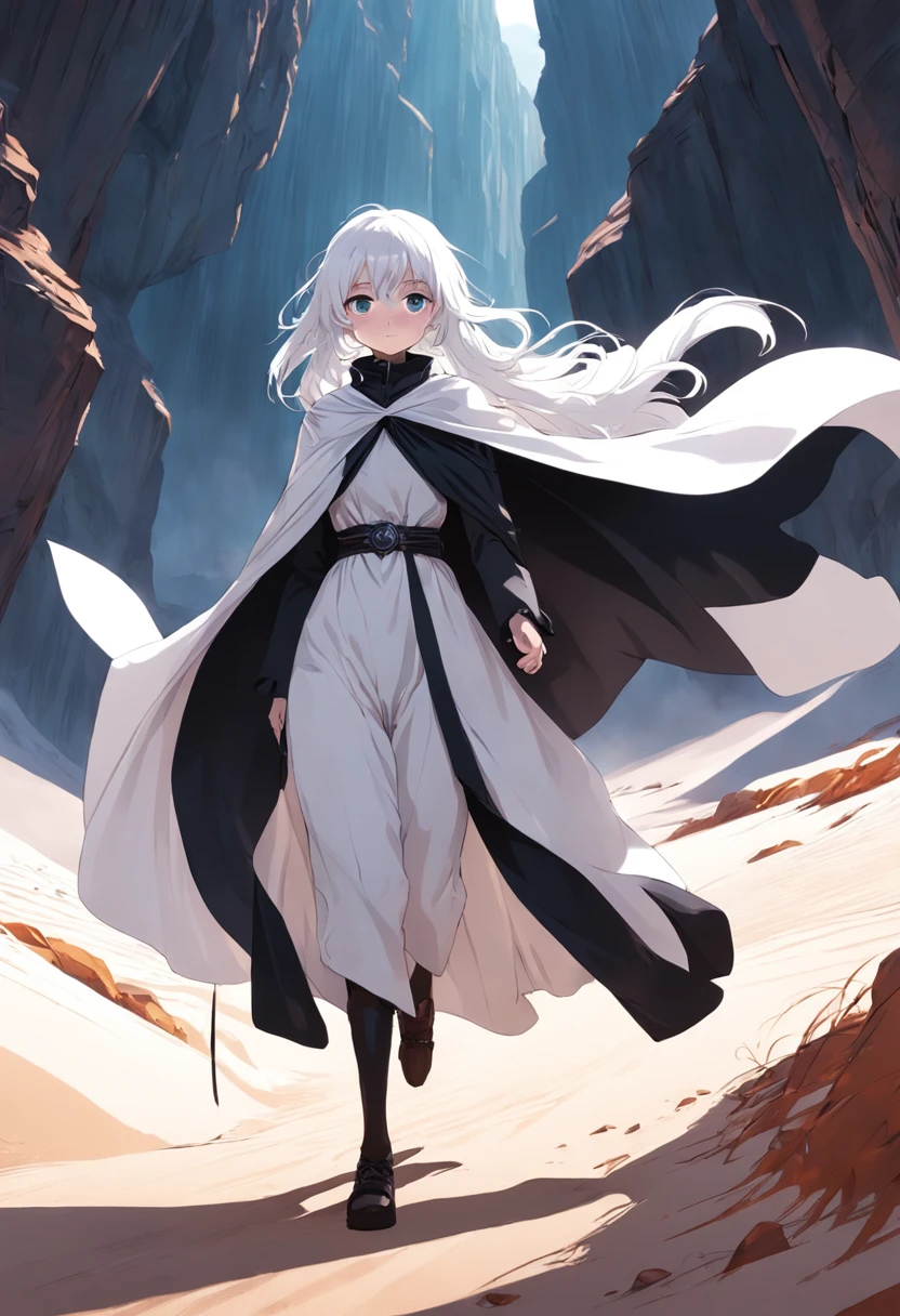 White-haired girl in black cape walking in white desert