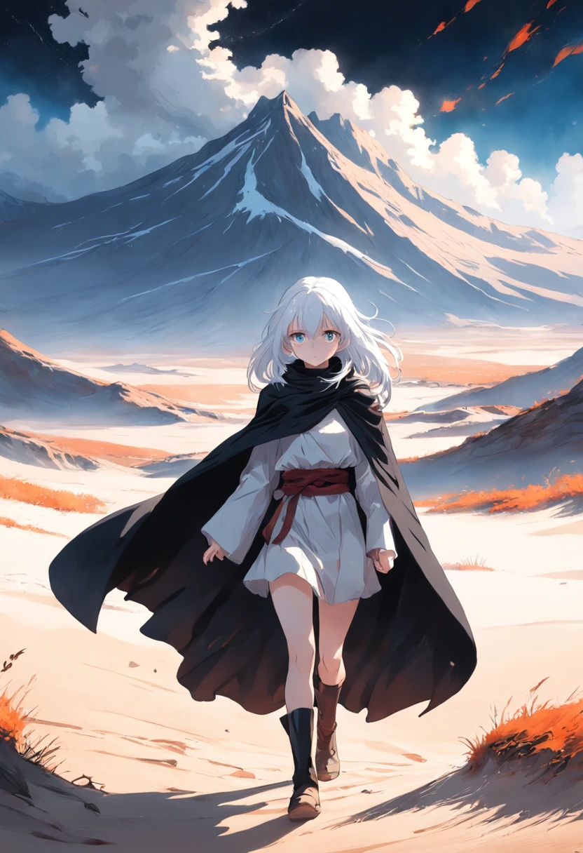 White-haired girl in black cape walking in white desert
