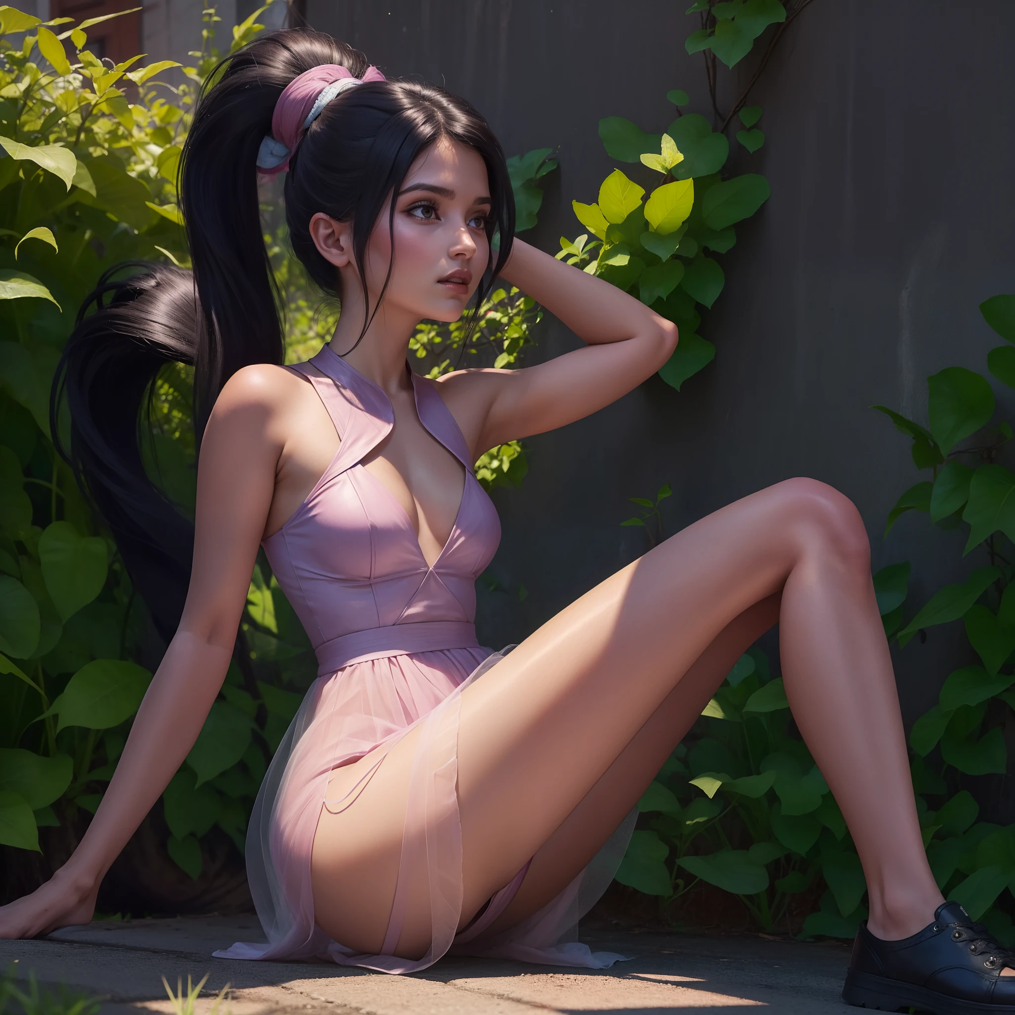 obra maestra, 4k, ultra alta resolucion, vidia con traje de tenis y falda muy corta con plieges, con las piernas abiertas, dia soleado, hombros desnudos, ponytail, extreme long hair, flor de cerezo, mojada, traje revelador transparente, vista desde atras, mirando atras, cuerpo completo, con hermosas piernas sudando, sexy pose, muy revelador