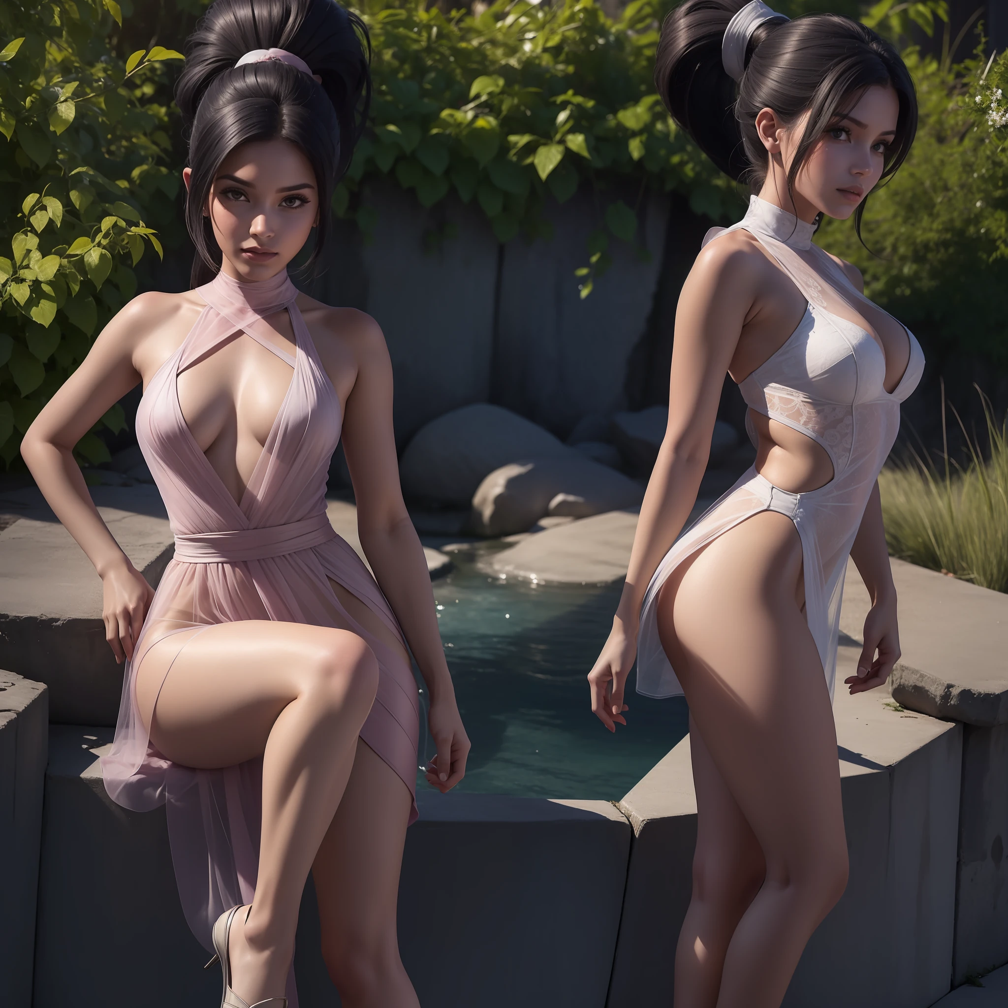obra maestra, 4k, ultra alta resolucion, vidia con traje de tenis y falda muy corta con plieges, con las piernas abiertas, dia soleado, hombros desnudos, ponytail, extreme long hair, flor de cerezo, mojada, traje revelador transparente, vista desde atras, mirando atras, cuerpo completo, con hermosas piernas sudando, sexy pose, muy revelador