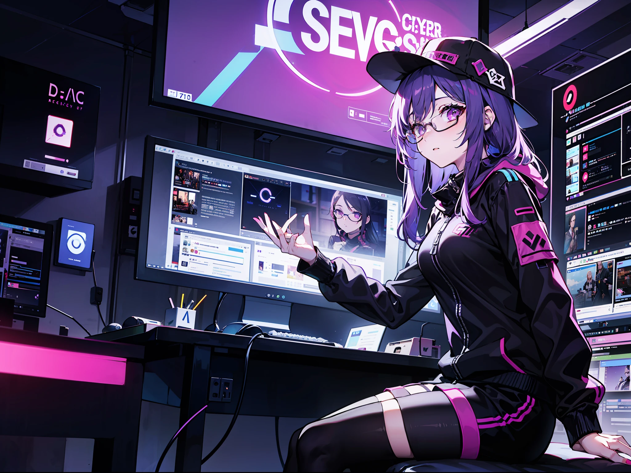 The most beautiful and sexy gamer girl, playing videogame, playing computer, rainbow colored hair, yellow eyes, wearing hoodie, graphic t-shirt, skirt and highly detailed gamer gear, highly detailed background, perfect masterpiece, high quality, high resolution