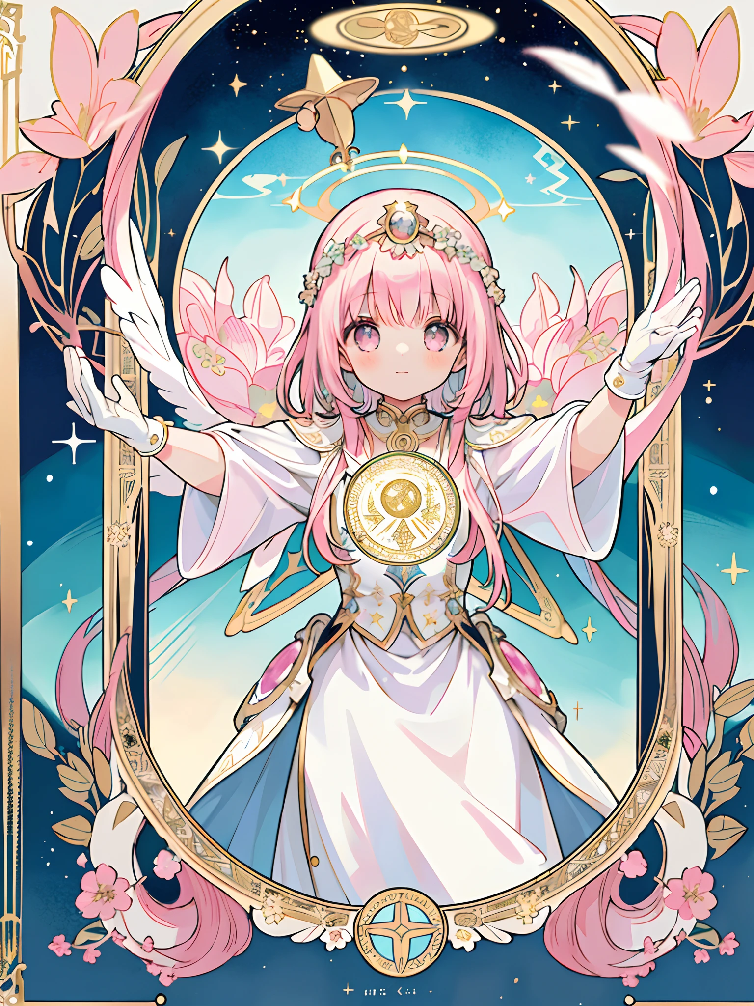 ((masterpiece,best quality)),(1girl, solo:1.4),beautiful detailed eyes, vivid, cinematic light, full_body, pink_flowers, (tarot_card), intricate, detailed background, looking_at_viewer, Madoka Kaname, hands reaching out, (flat chest), (walking), casual pose, posing, (white_gloves), (pink_eyes), white feathers, sparkles, glitter, celestial, outerspace, by alphonse mucha, (gold frame), halo, (tarot border)