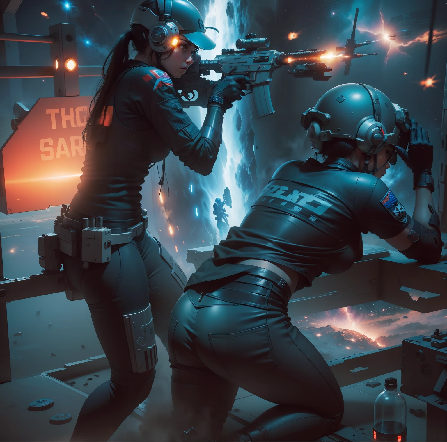 space girl with gun fighting wars, space battle war, fighting bad guys crouched down athletic shooting position, space station, smoke, gunfire, three armed enemy, two space suit bystanders, 64k resolution hyperdetailed, photorealistic, in the style of Robert Rodriguez