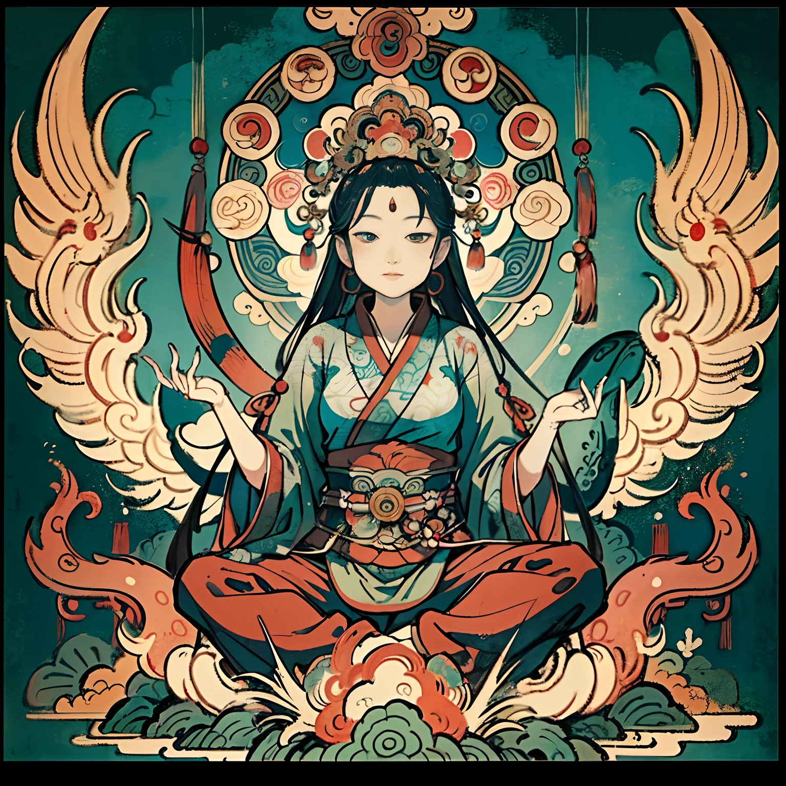 an ancient Chinese goddess, guanyin of the southern seas, Guanyin, Inspired by India, Avalokiteshvara rides a phoenix,,Serene expression,shui mo hua,Buddha,Buddhist,Lotus,Chinese painting style,Thangka style