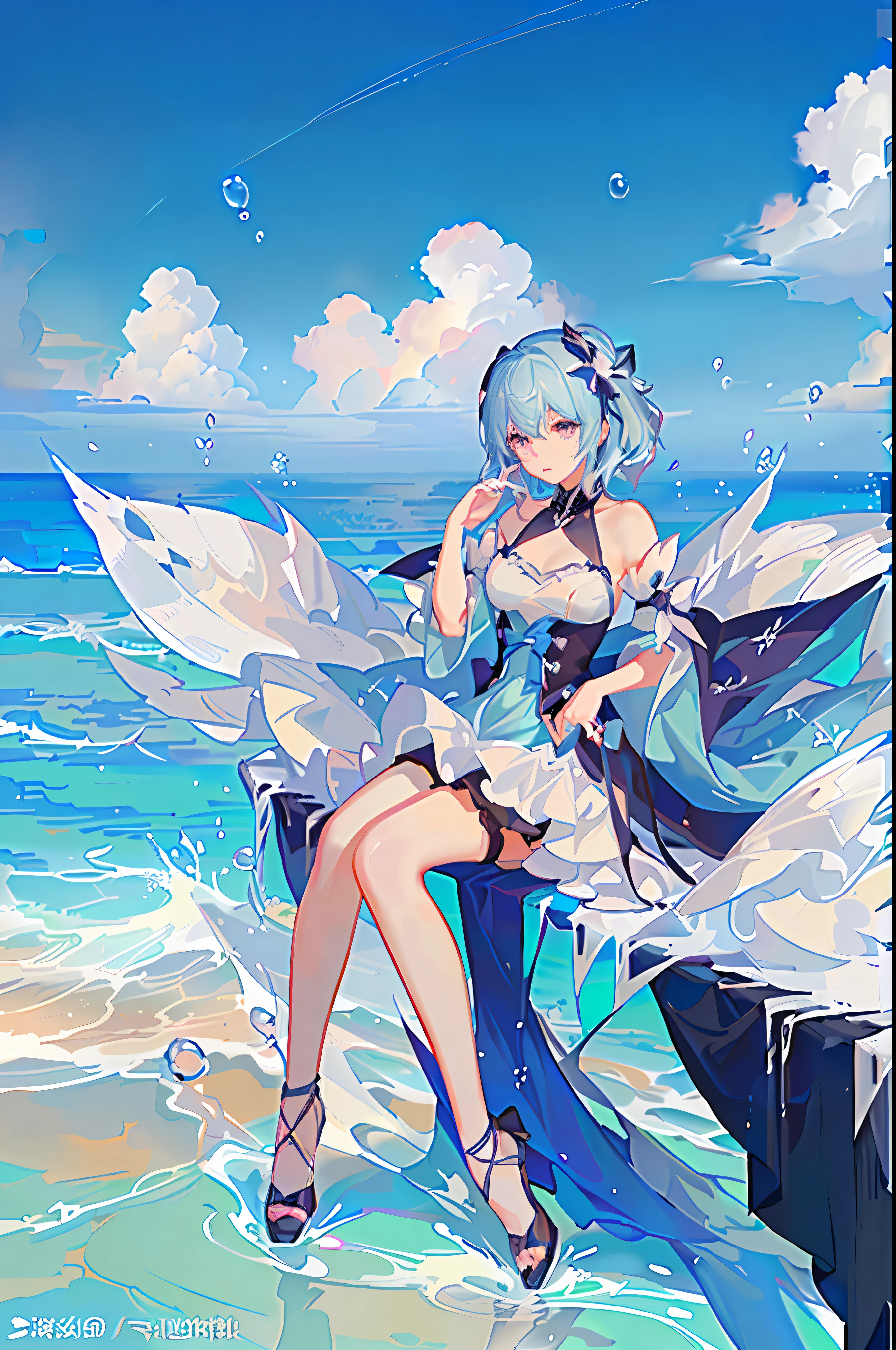 Anime girl with blue hair and white dress holding bubbles, trending on artstation pixiv, Azure sky, Anime goddess, Anime art wallpaper 8 K, cute anime waifu in a nice dress, Digital art on Pixiv, High quality anime art, zerochan art, Guweiz in Pixiv ArtStation, Beautiful anime artwork, Guweiz on ArtStation Pixiv