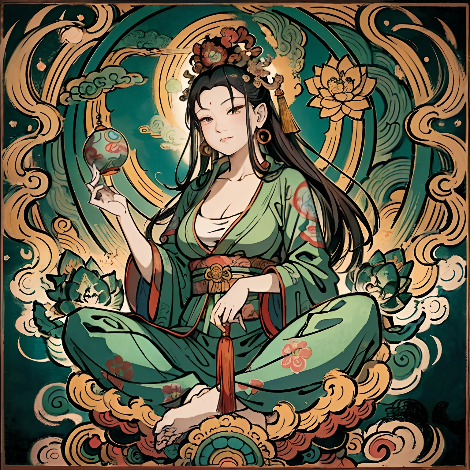 an ancient Chinese goddess, guanyin of the southern seas, Guanyin, Inspired by India, Avalokiteshvara rides a phoenix,,Serene expression,shui mo hua,Buddha,Buddhist,Lotus,Chinese painting style,Thangka style