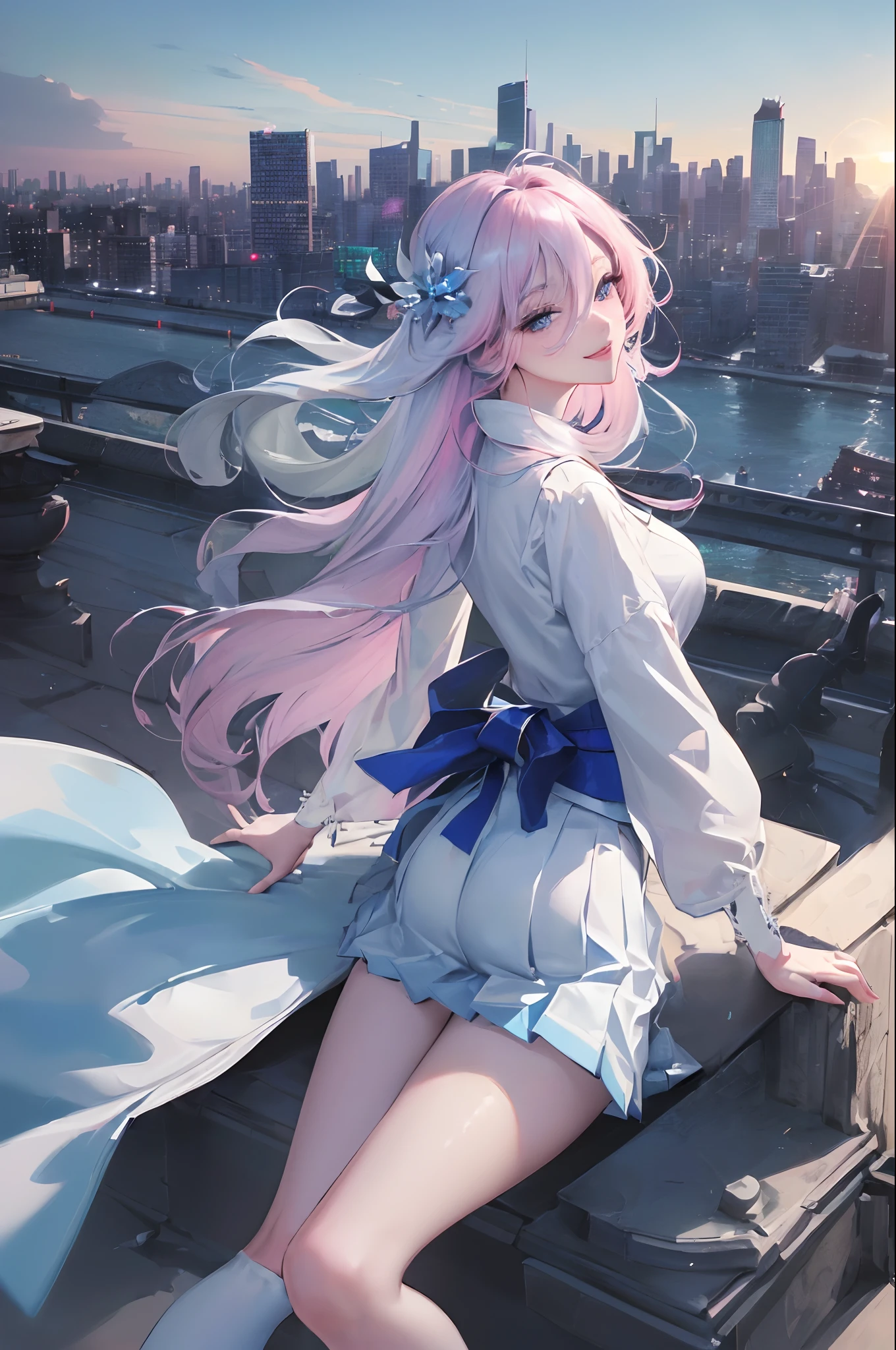 official art, masterpiece, sharp focus, (beautiful gorgeous cute Korean woman:1.3), (beautiful cute korean:1.3), korean beauty, Delicate and beautiful hair and eyes and face, realistic, ultra detailed, beautiful girl, blue sky, glow white particle, (sidelighting:1.2), sun light, white cloud, detailed clouds, slender, Lovely very large breasts and very large hips, smile with teeth, ((smile with eyes, open both eyes)), scenery, long straight hair, sexy facial expression, building, (cityscape:1.7), dynamic hair, long straight hair, detailed platinum pink hair, glow blue eyes, (blue pleated shirts + white skirt), white long socks, pale skin, hair ornament, epic scenery,