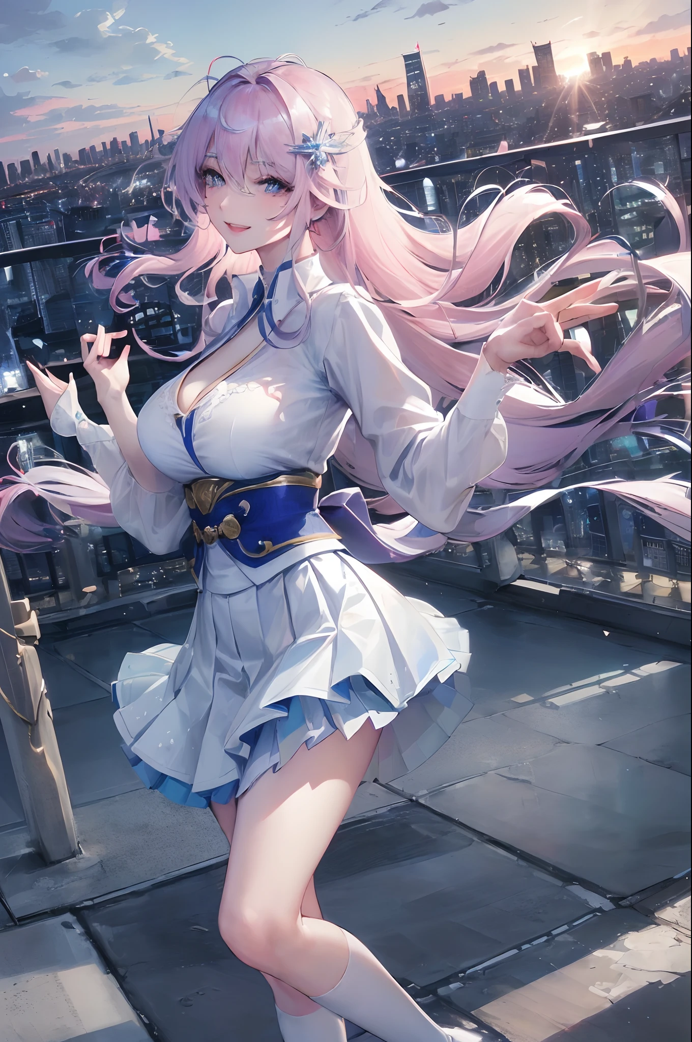 official art, masterpiece, sharp focus, (beautiful gorgeous cute Korean woman:1.3), (beautiful cute korean:1.3), korean beauty, Delicate and beautiful hair and eyes and face, realistic, ultra detailed, beautiful girl, blue sky, glow white particle, (sidelighting:1.2), sun light, white cloud, detailed clouds, slender, Lovely very large breasts and very large hips, smile with teeth, ((smile with eyes, open both eyes)), scenery, long straight hair, sexy facial expression, building, (cityscape:1.7), dynamic hair, long straight hair, detailed platinum pink hair, glow blue eyes, (blue pleated shirts + white skirt), white long socks, pale skin, hair ornament, epic scenery,