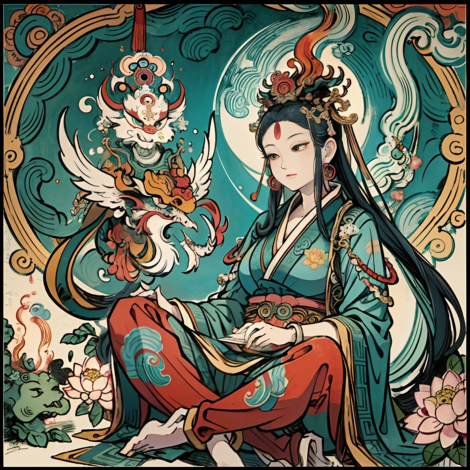 an ancient Chinese goddess, guanyin of the southern seas, Guanyin, Inspired by India, Avalokiteshvara rides a phoenix,,Serene expression,shui mo hua,Buddha,Buddhist,Lotus,Chinese painting style,Thangka style