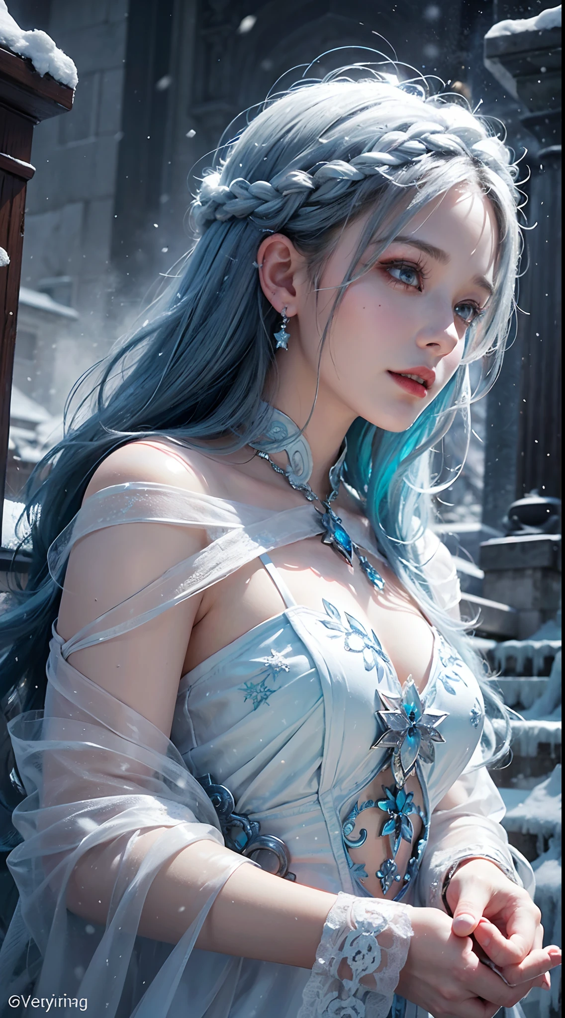 Beautiful goddess of ice and snow, Ice magician, ice element, Intricate design and details, eerie mist, Cold, Blizzard storm, The Conjuring Ice Spell, Cast ice spells, Realistic ice effects, Snow grains, dark fantasy art style, Ruined city, Dramatic lighting, Cinematic