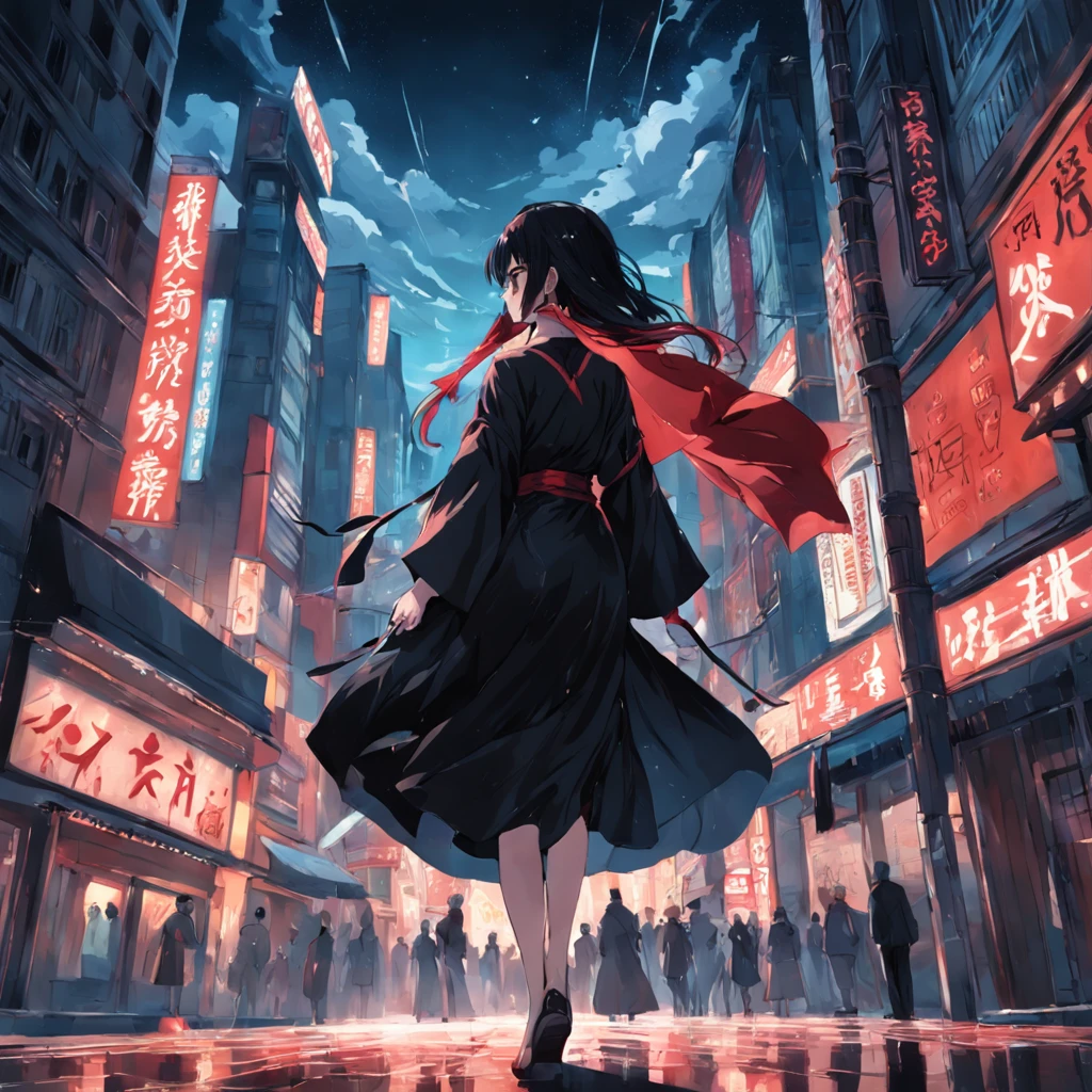 A beautiful woman dressed in black silk, Carrying a white bag, On no-man's streets, The sky is blood-red