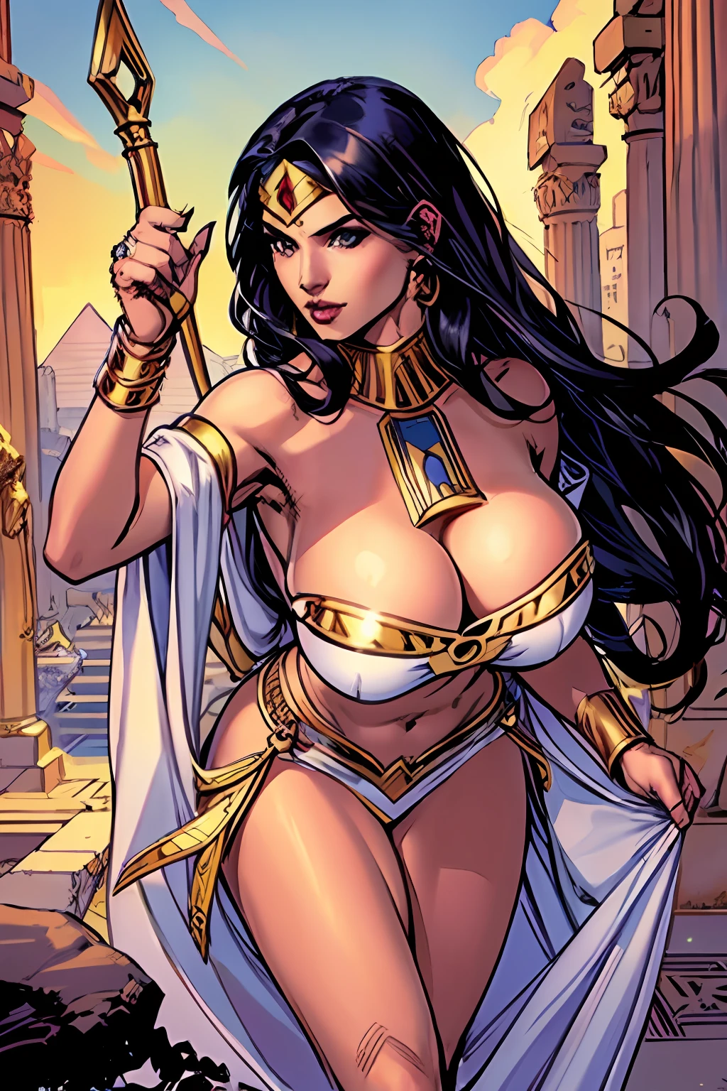(masterpiece, top quality, best quality, official art, beautiful and aesthetic:1.2), (1girl:1.3), long and straight black hair, tanned skin, extremely detailed, portrait, looking at viewer, solo, (full body:0.6), detailed background, close up, mischievous eyes, (hot summer Egypt theme:1.1), Egyptian duelist woman, heavy Egyptian makeup, winged eyeliner, long neck, Persian nose, bold nose, long nose, arched nose, downturned nose, large nose, dark tan skin, charlatan, smirk, mysterious, walking in desert, revealing white and gold and sapphire Egyptian silks, cobra headdress, white short skirts, criss cross top, criss-cross top, halter top, jewelry, white fabric, gold jewelry, precious stones, dual sickle swords, ((((gigantic breasts, cleavage, skindentation)))), slim waist, slim hips, long legs, ancient (Egyptian temple exterior:1.1) background, dark mysterious lighting, shadows, magical atmosphere, dutch angle,