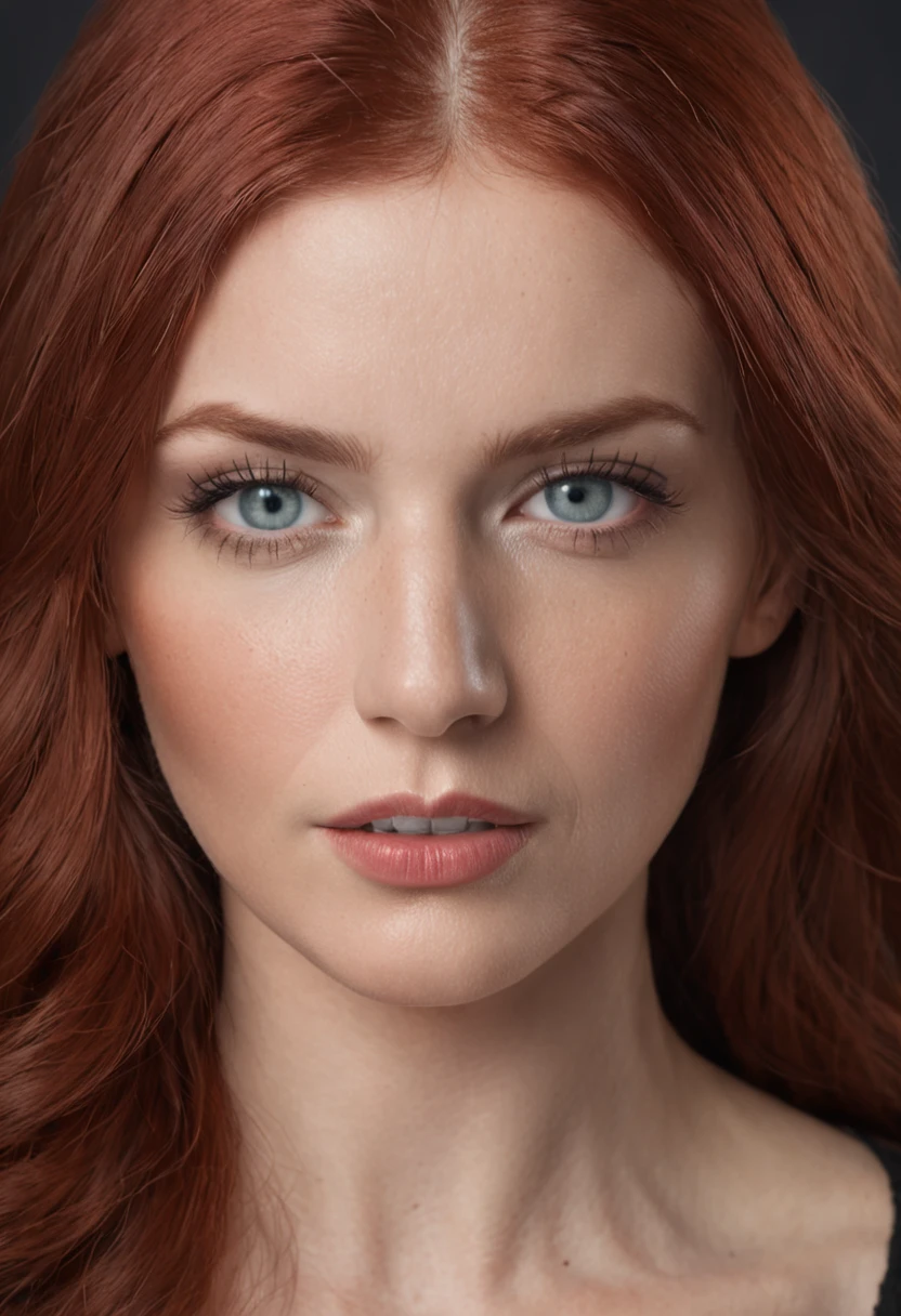 Make a realistic image of a red-haired woman with blue eyes in black langerie, bonita, com 30 anos de idade, magra, batom vermelho, olhos com delineador, corpo bonito, em um corpo