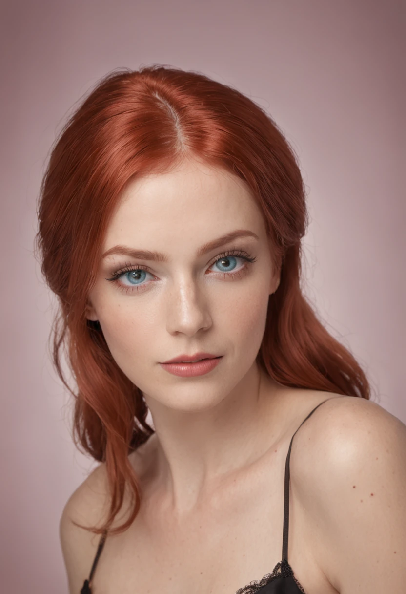 Make a realistic image of a red-haired woman with blue eyes in black langerie, bonita, com 30 anos de idade, magra, batom vermelho, olhos com delineador, corpo bonito, em um corpo