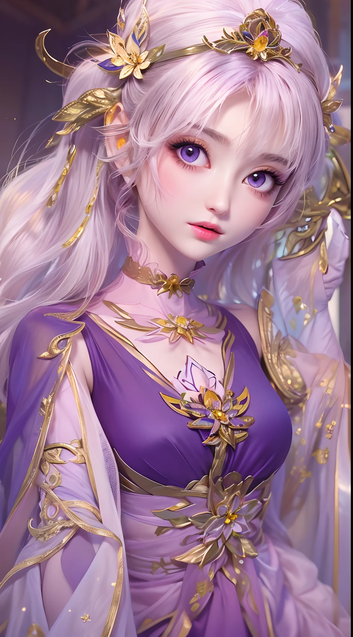 1 20 year old girl, 1 goddess Athena, pink purple silk dress, beautiful goddess Athena face without blemishes, delicate yellow nightgown, long thin sequin nightgown with many sexy black lace details, female saint legend, female saint icon, beautiful goddess style glitter, dark and mysterious version, vermilion lips, plump red lips, not smiling, mouth closed, detailed and delicate images beautifully, delicate and beautiful lip detail, (pure and flawless face: 1.9), female saint body, moderate breasts, ((Super Breast Lift:1.4)), breasts are round and regular,super tight breasts, phoenix brooch, long flat bangs, (((double ponytail: 1.8))), flower stickers tattoo on forehead, beautiful clear face and well-proportioned eyes, (light purple eyes: 1.8), (big round eyes and makeup, sexy wet eye makeup, very beautiful and meticulous hair makeup, long and delicate blonde hair, delicate, body image: 1.8), figure: and vivid, (stars that make up the sky: 1.7), (the sky of heaven and the fictitious gate of time and space: 1.8), fictional art, RAW photos, hanfu photos, best photos, high resolution, best quality, best photos, best goddess quality, 8k female, super 8 single saint portraits, truest color schemes, masterpieces, best beauty brands, best hair jewelry, brand real photo, dark studio, border light, two-tone lighting, (rose white skin: 1.4), (high skin detail: 1.1), 8k uhd, soft light, 8k, high quality, candid, volume Smooth and sharp, 10x pixel increase, sexy goddess, (background space: 1.8), (most beautiful aurora eyes: 1.7), beautiful eyes, aurora beautiful and flowery, (beautiful single girl: 1.8), (more details:0.8),