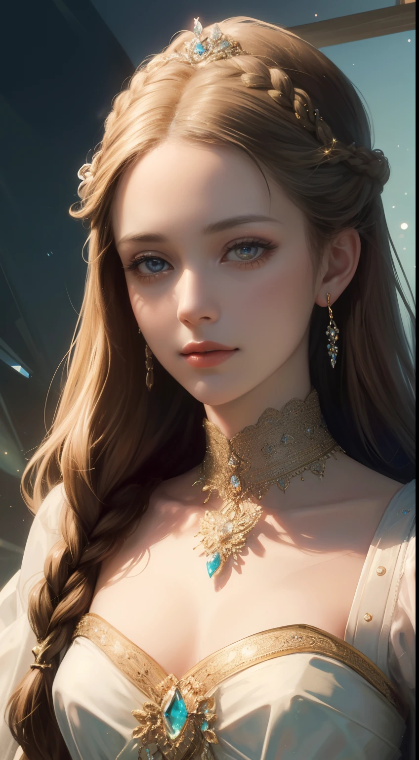 (Ultra-high quality masterpiece,A beautiful bust of a noble maiden,Classical braids,The eyes are shiny and clear,Floral craftsmanship,Crystal jewelry,Ultra-fine details,Soft lighting)