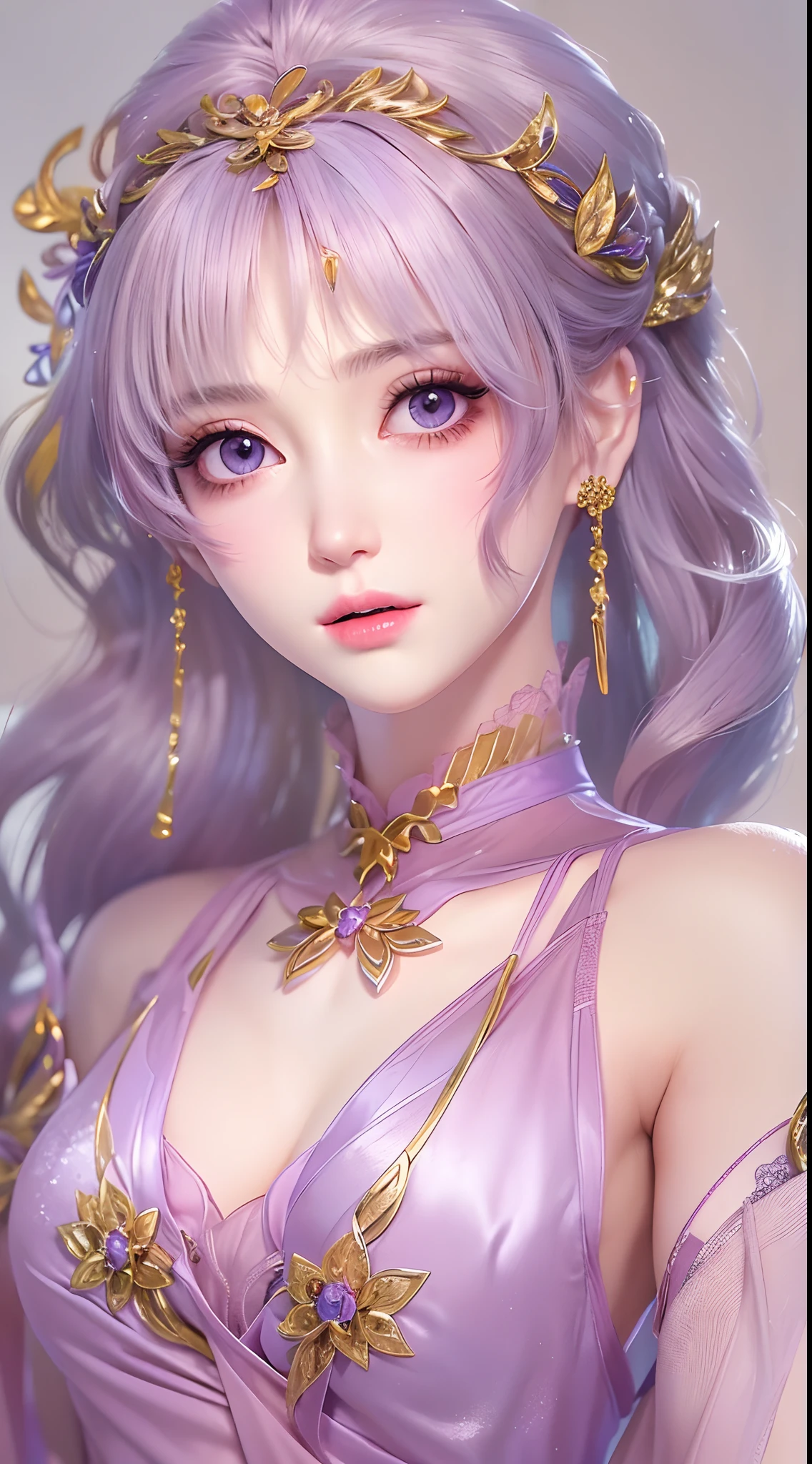 1 20 year old girl, 1 goddess Athena, pink purple silk dress, beautiful goddess Athena face without blemishes, delicate yellow nightgown, long thin sequin nightgown with many sexy black lace details, female saint legend, female saint icon, beautiful goddess style glitter, dark and mysterious version, vermilion lips, plump red lips, not smiling, mouth closed, detailed and delicate images beautifully, delicate and beautiful lip detail, (pure and flawless face: 1.9), female saint body, moderate breasts, ((Super Breast Lift:1.4)), breasts are round and regular,super tight breasts, phoenix brooch, long flat bangs, (((double ponytail: 1.8))), flower stickers tattoo on forehead, beautiful clear face and well-proportioned eyes, (light purple eyes: 1.8), (big round eyes and makeup, sexy wet eye makeup, very beautiful and meticulous hair makeup, long and delicate blonde hair, delicate, body image: 1.8), figure: and vivid, (stars that make up the sky: 1.7), (the sky of heaven and the fictitious gate of time and space: 1.8), fictional art, RAW photos, hanfu photos, best photos, high resolution, best quality, best photos, best goddess quality, 8k female, super 8 single saint portraits, truest color schemes, masterpieces, best beauty brands, best hair jewelry, brand real photo, dark studio, border light, two-tone lighting, (rose white skin: 1.4), (high skin detail: 1.1), 8k uhd, soft light, 8k, high quality, candid, volume Smooth and sharp, 10x pixel increase, sexy goddess, (background space: 1.8), (most beautiful aurora eyes: 1.7), beautiful eyes, aurora beautiful and flowery, (beautiful single girl: 1.8), (more details:0.8),