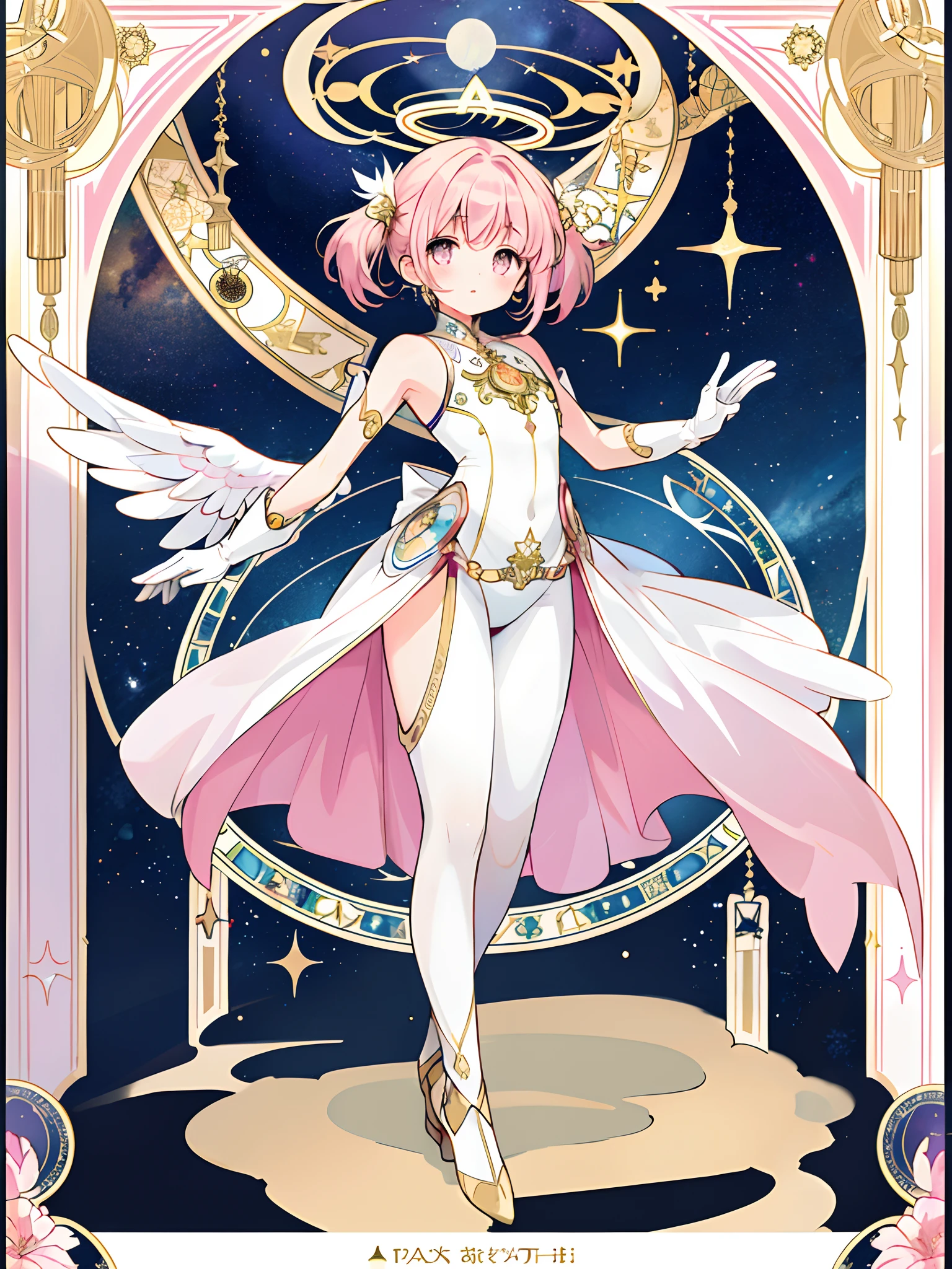 ((masterpiece,best quality)),(1girl, solo:1.4),beautiful detailed eyes, vivid, cinematic light, full_body, pink_flowers, (tarot_card), intricate, detailed background, looking_at_viewer, Madoka Kaname, hands reaching out, (flat chest), (walking), casual pose, posing, (white_gloves), (pink_eyes), white feathers, sparkles, glitter, celestial, outerspace, by alphonse mucha, (gold frame), halo, (tarot border)