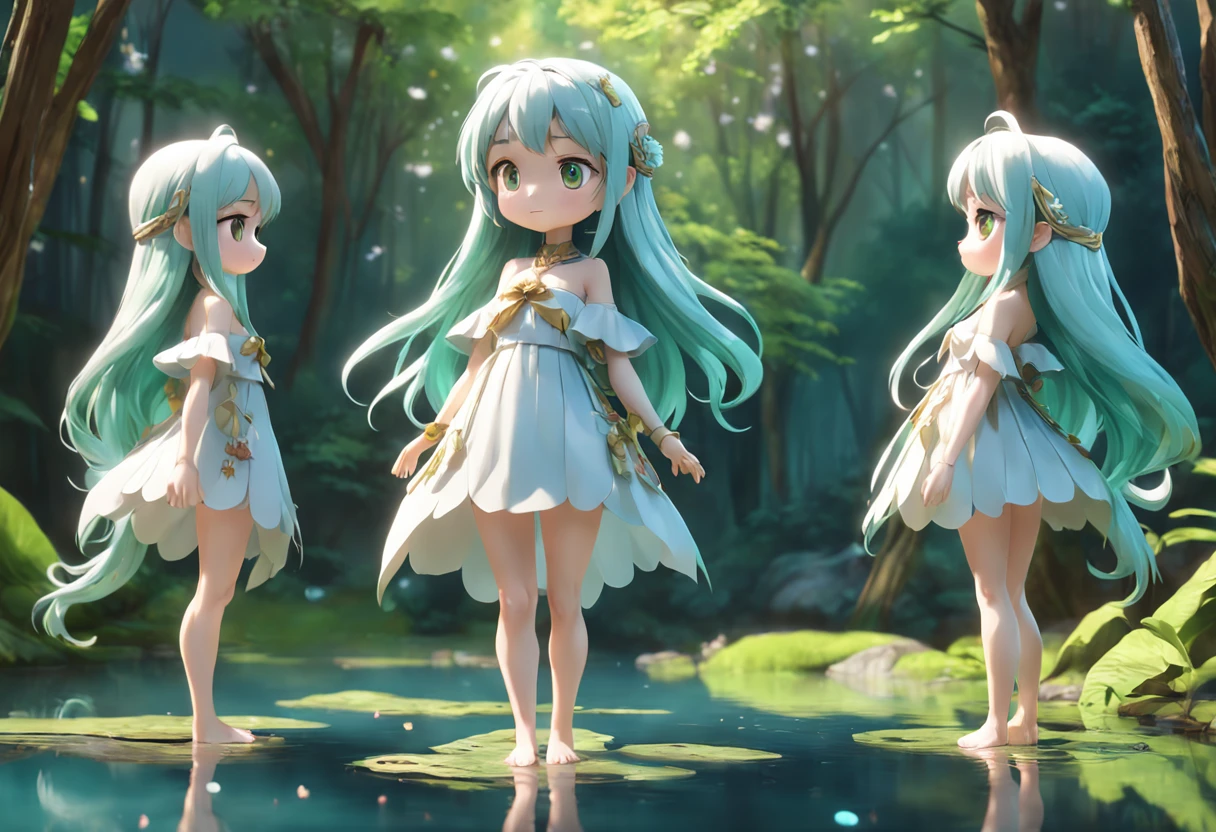 Super Cute Girl Full Body 3D Artwork, Front view, Side view, Back view, forest fae, doll, concept-art, t pose, Reference Sheet, popmart blind box, by Pixar, Long hair, Green watery - eyes, Flower Embellishment, Rattan decoration, Luxury goods, intricate-detail, 3d rendered, blender, OC Renderer, Predecessor lookup table, droolng, high details, 8K, Studio Lighting
