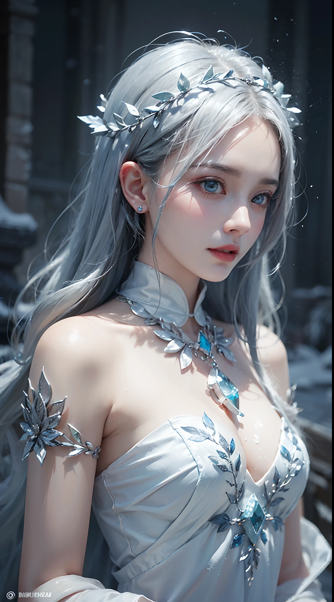Beautiful goddess of ice and snow, Ice magician, ice element, Intricate design and details, eerie mist, Cold, Blizzard storm, The Conjuring Ice Spell, Cast ice spells, Realistic ice effects, Snow grains, dark fantasy art style, Ruined city, Dramatic lighting, Cinematic