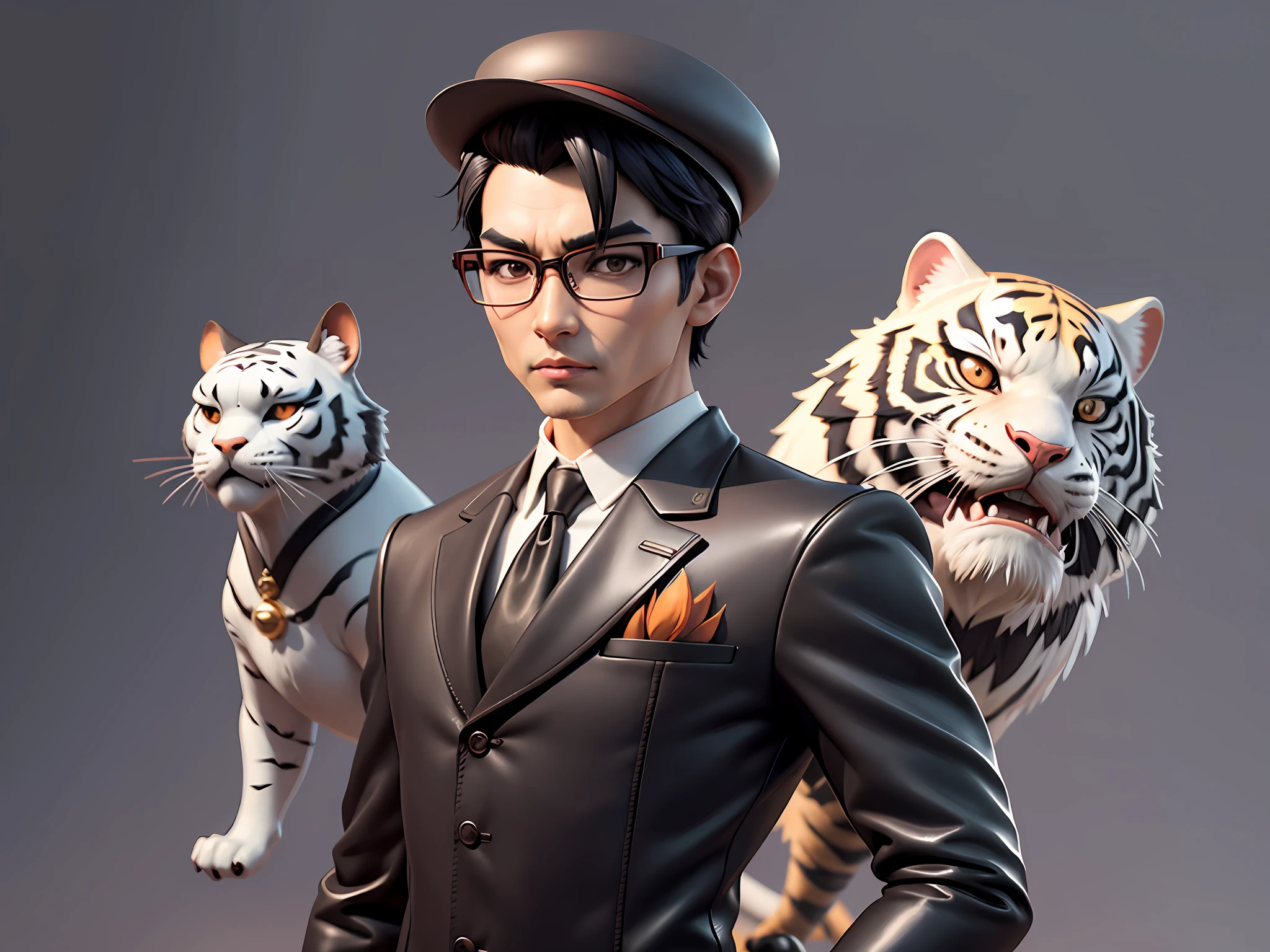 Young man with oriental face in leather hat, tiger, oriental face in formal suit, short black hair, silver glasses, digital painting, 3D character design by Mark Clairedon and Pixar and Hayao Miyazaki and Akira Toriyama, the illustration is a high-definition illustration in 4K resolution with very detailed facial features and cartoon-style visuals.