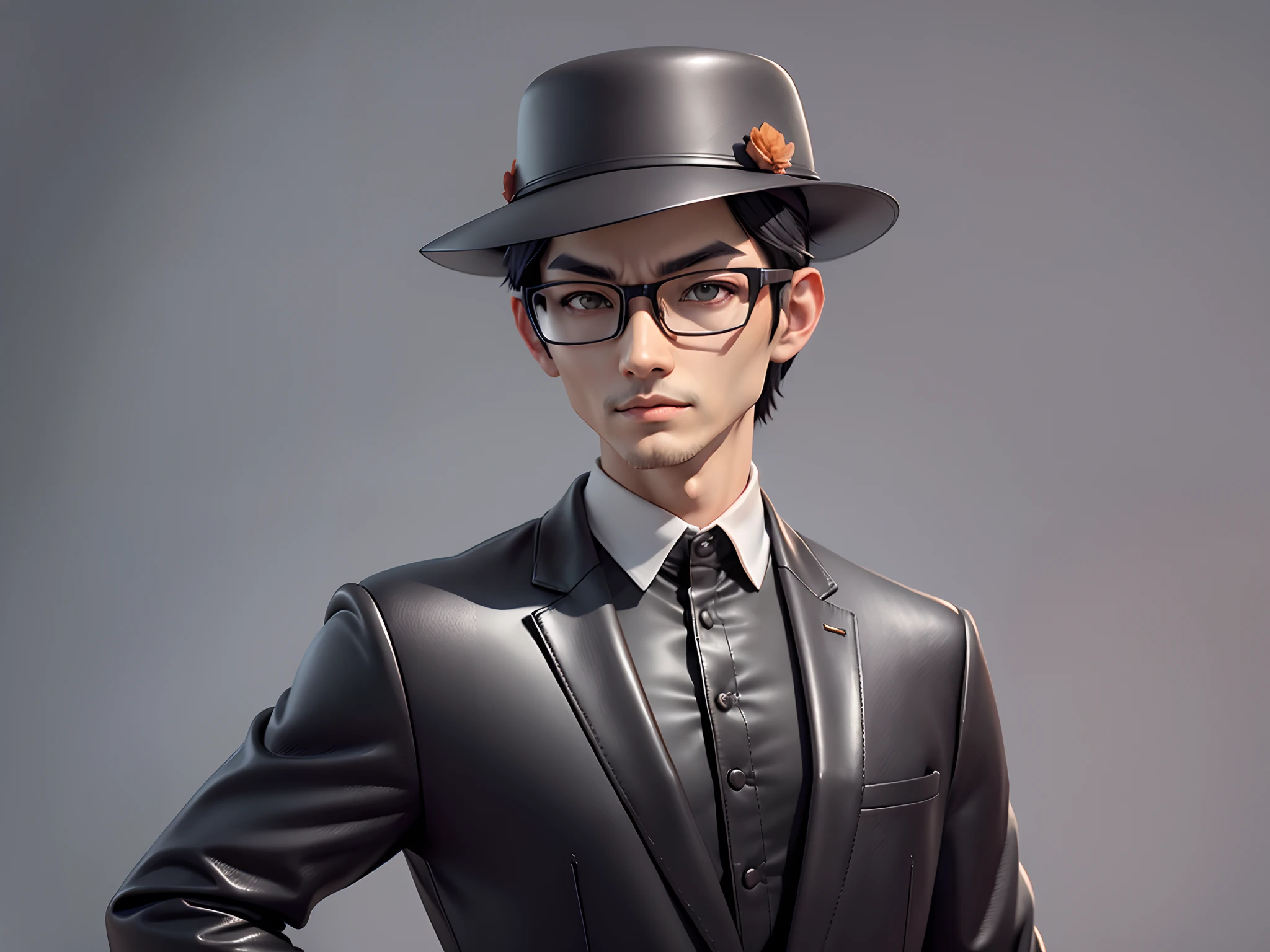 Young man with oriental face in leather hat, tiger, oriental face in formal suit, short black hair, silver glasses, digital painting, 3D character design by Mark Clairedon and Pixar and Hayao Miyazaki and Akira Toriyama, the illustration is a high-definition illustration in 4K resolution with very detailed facial features and cartoon-style visuals.