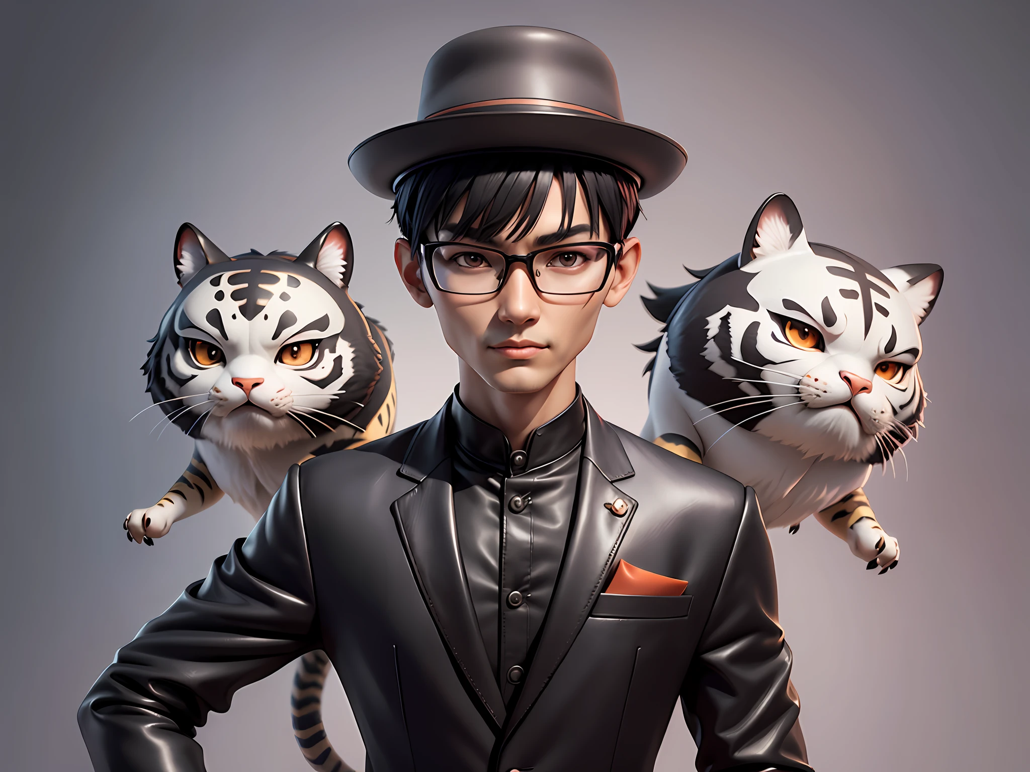 Young man with oriental face in leather hat, tiger, oriental face in formal suit, short black hair, silver glasses, digital painting, 3D character design by Mark Clairedon and Pixar and Hayao Miyazaki and Akira Toriyama, the illustration is a high-definition illustration in 4K resolution with very detailed facial features and cartoon-style visuals.