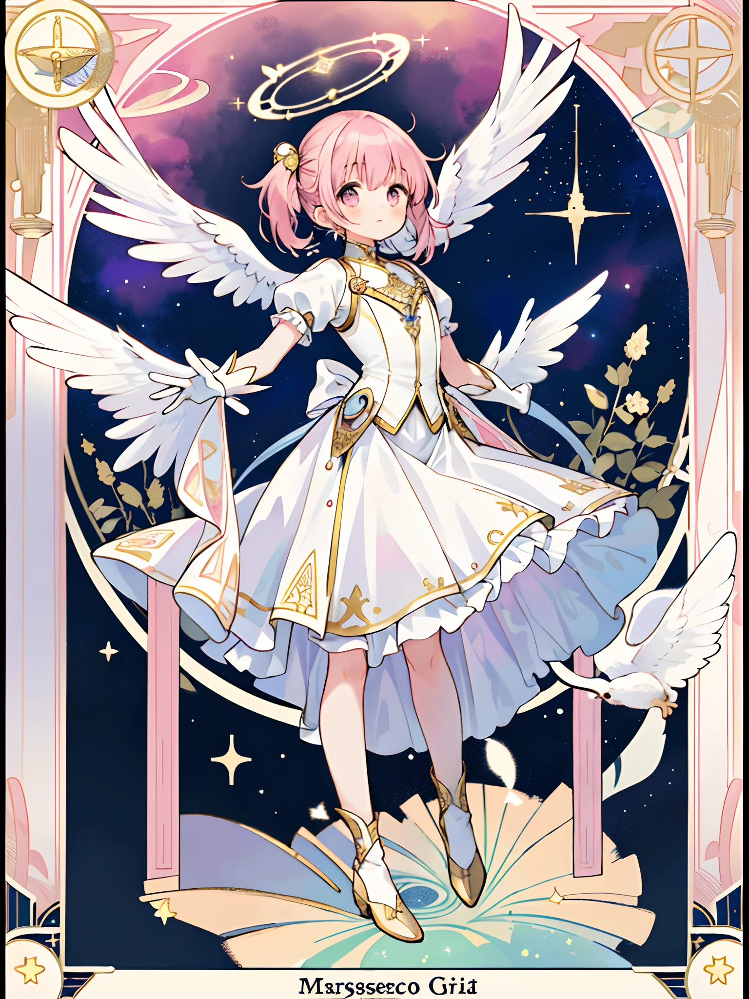 ((masterpiece,best quality)),(1girl, solo:1.4),beautiful detailed eyes, vivid, cinematic light, full_body, pink_flowers, (tarot_card), intricate, detailed background, looking_at_viewer, Madoka Kaname, hands reaching out, (flat chest), (walking), casual pose, posing, (white_gloves), (pink_eyes), white feathers, sparkles, glitter, celestial, outerspace, by alphonse mucha, (gold frame), halo, (tarot border)