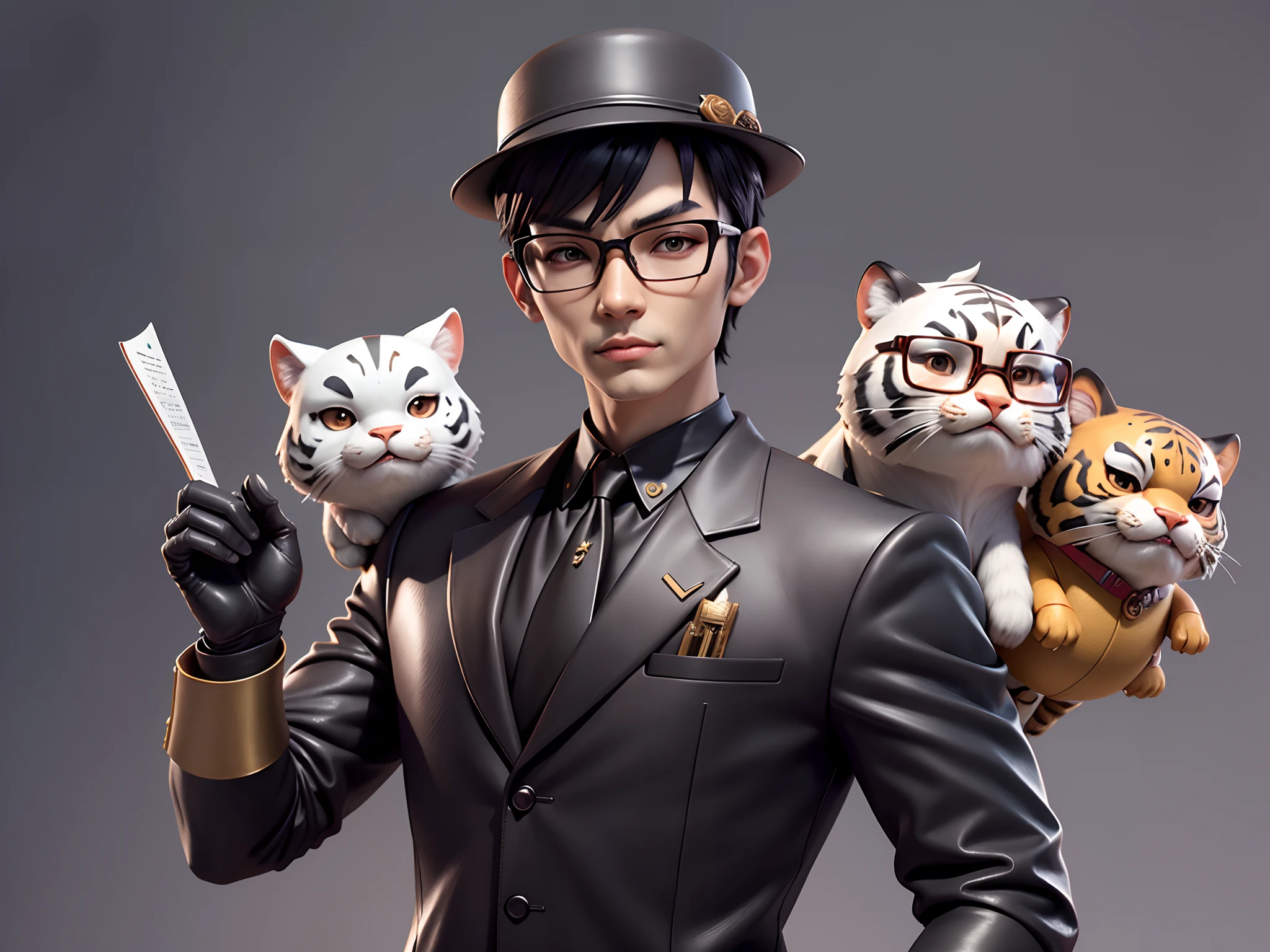 Young man with oriental face in leather hat, tiger, oriental face in formal suit, short black hair, silver glasses, digital painting, 3D character design by Mark Clairedon and Pixar and Hayao Miyazaki and Akira Toriyama, the illustration is a high-definition illustration in 4K resolution with very detailed facial features and cartoon-style visuals.