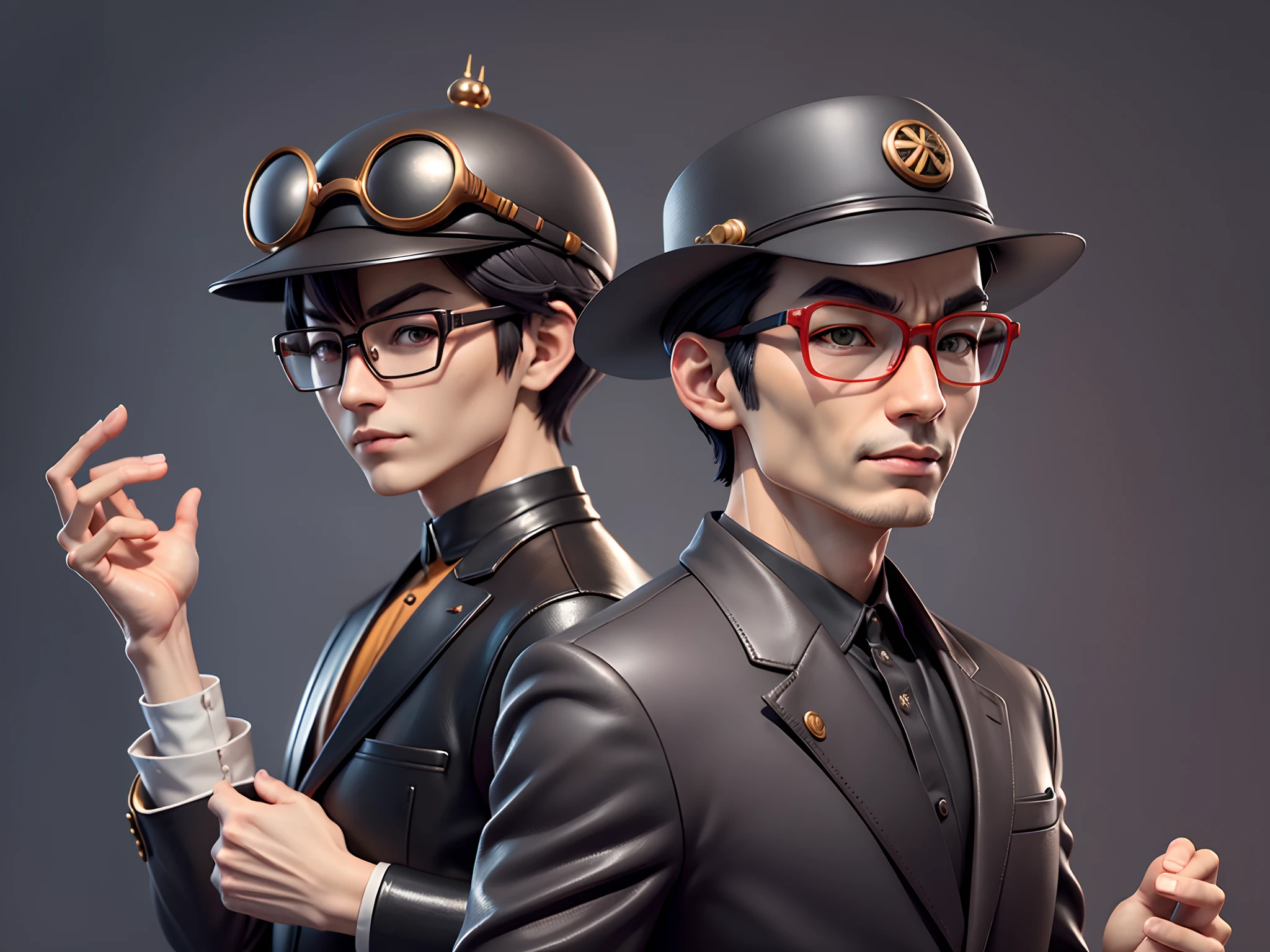 Young man with oriental face in leather hat, tiger, oriental face in formal suit, short black hair, silver glasses, digital painting, 3D character design by Mark Clairedon and Pixar and Hayao Miyazaki and Akira Toriyama, the illustration is a high-definition illustration in 4K resolution with very detailed facial features and cartoon-style visuals.