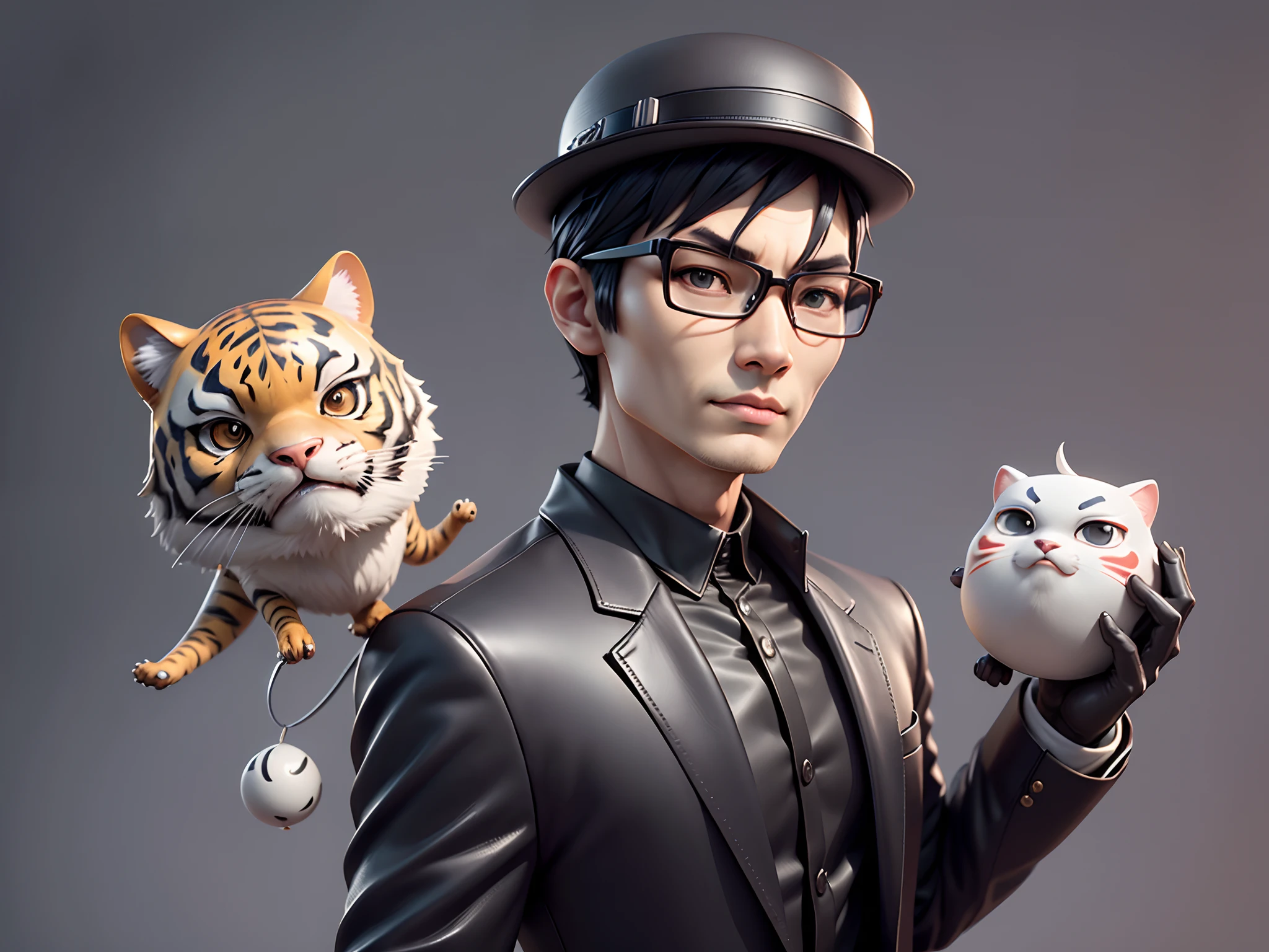 Young man with oriental face in leather hat, tiger, oriental face in formal suit, short black hair, silver glasses, digital painting, 3D character design by Mark Clairedon and Pixar and Hayao Miyazaki and Akira Toriyama, the illustration is a high-definition illustration in 4K resolution with very detailed facial features and cartoon-style visuals.