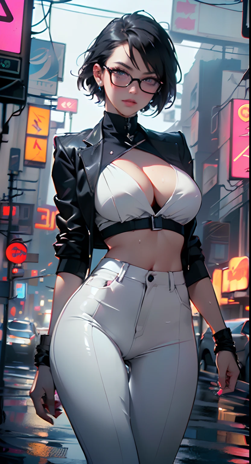 cute girl,(((1girl))),((girl with extremely cute and beautiful black hair)),

(Large breasts:1.4),(((black hair:1.35,colored inner hair,ear breathing,large hair,tomboy haircut))),((green eyes,perfect eyes,upturned eyes:1.3,beautiful detailed eyes,finely detailed beautiful eyes:1,big highlight on eyes:1.2,slanted eyes)),((fat)),((lustrous skin:1.5,bright skin: 1.5,skin tanned,shiny skin,very shiny skin,shiny body,plastic glitter skin,exaggerated shiny skin,illuminated skin,wet legs))),(spider lower abdomen,narrow waist,wide hip,athletic body,inflated legs,delicate detailed fingers,detailed body,human hands,(detailed face)),

cute,slutty,seductive,erotic,(((nsfw))),

((((glasses)))),(((wearing white formal blazer,black formal pants,))),(((huge cleavage))),((wet clothes,detailed outfit,detailed clothes)),

(dynamic pose:1.0),solo focus,embarrassed,(centered,scale to fit dimensions,Rule of thirds),

((((cyberpunk city by the ocean,neon signs,puddles)))),stormy sky,threatening sky,dark clouds,((synthwave background theme,detailed background : 1.25)),((((night,nice lighting decorations,detailed architecture)))),

(best quality,high resolution,sharp focus,ultra detailed,extremely detailed,extremely high quality artwork,(realistic,photorealistic:1.37),8k_wallpaper,(extremely detailed CG 8k),(very fine 8K CG),((hyper super ultra detailed perfect piece)),flawless,(((masterpiece))),illustration,vibrant colors,(intricate),High contrast,Selective lighting,Double exposure,HDR (High Dynamic Range),Post-processing,Background blur,colors,(intricate),High contrast,Selective lighting,Double exposure,HDR (High Dynamic Range),Post-processing,Background blur,