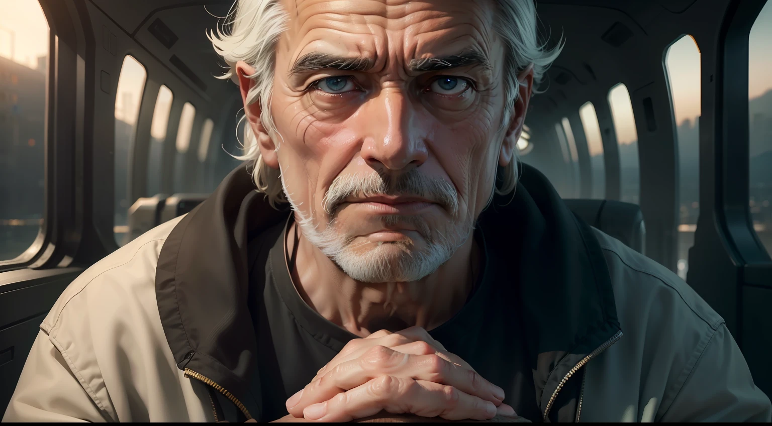 In a futuristic setting where buildings merge with the metallic glow of the horizon, a middle-aged man stands with an air of wisdom, his graying hair telling tales of experience, yet his youthful posture reflecting a curious mind. His hands are clasped together, fingers interlocked like pieces of a puzzle yearning to be solved. His gaze is intense, eyes locked onto a distant point as if deciphering the secrets of the horizon. Ambient light accentuates the defining lines on his face, each wrinkle telling a story of determination and years lived. A camera hovers in the air before him, capturing every detail of his contemplative face, as if seeking to immortalize not only his image, but also the complexity of his thoughts. In this moment, he embodies the perfect fusion of past and future, of profound introspection and the yearning for discovery.