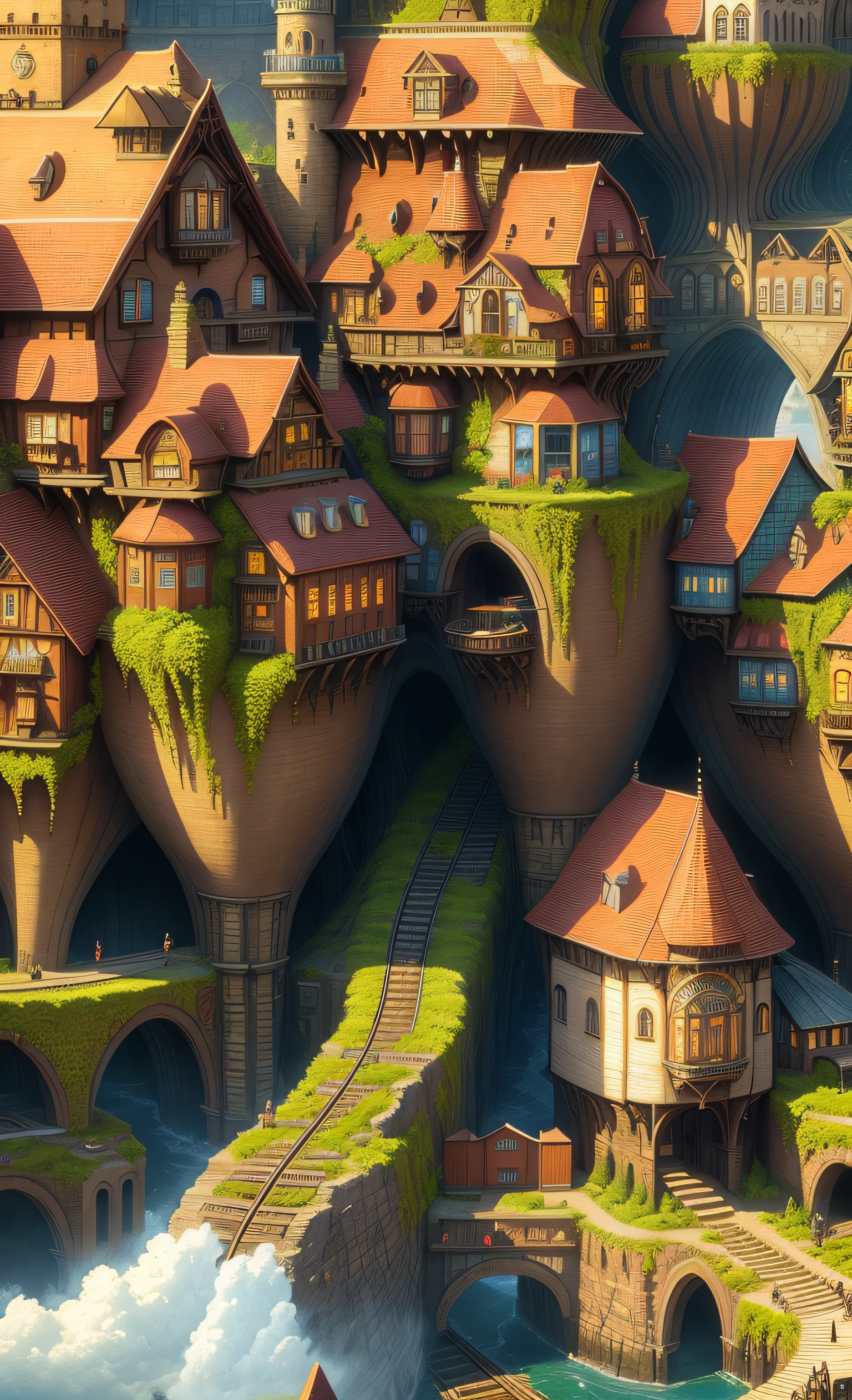 there is a painting of a train on the tracks in front of a building, realistic painting of a complex, fractal buildings, town background, fantasy cityscape, victorian steampunk city vista, colorful warcraft architecture, medeival fantasy town, solarpunk village